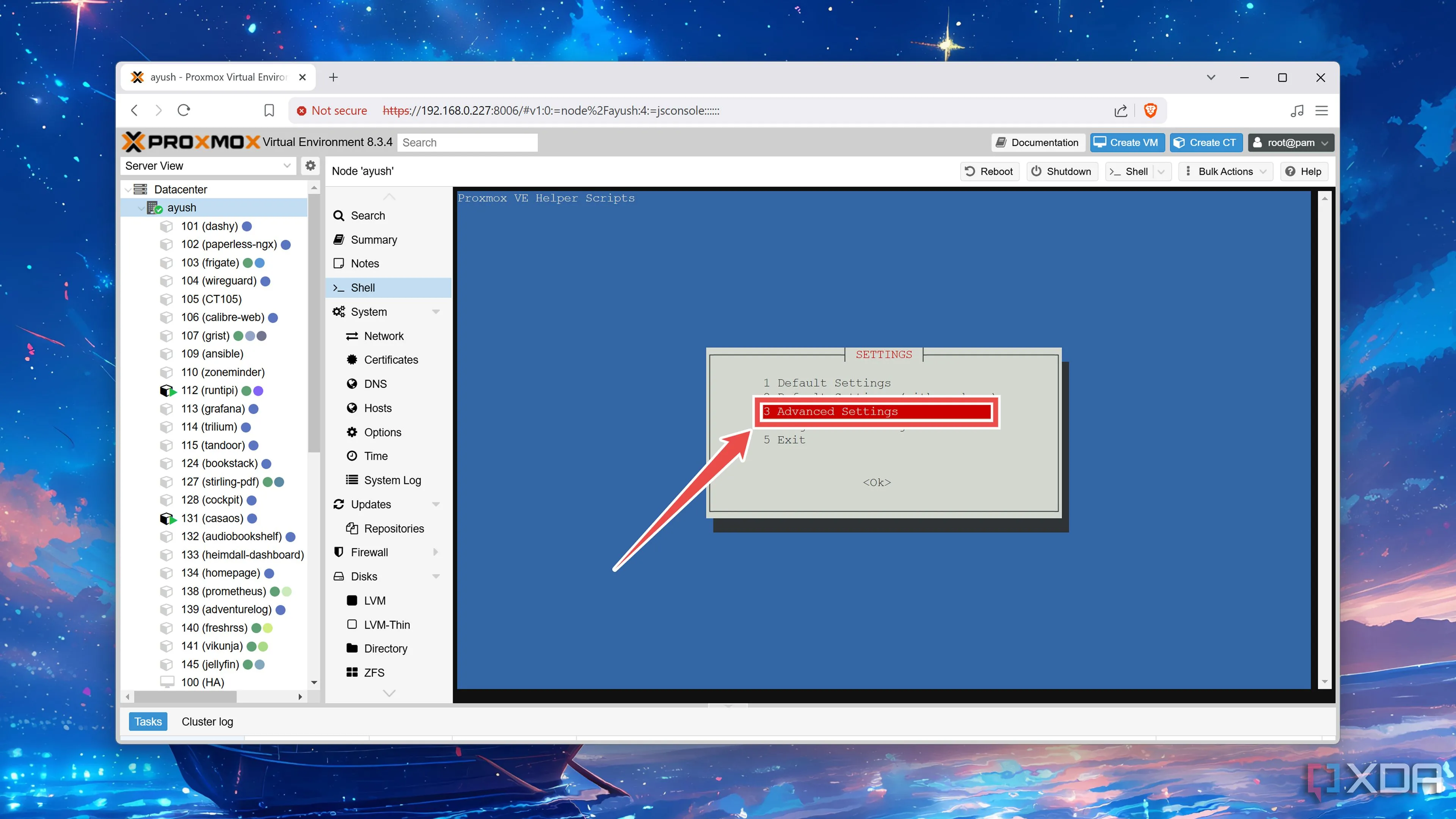 Lựa chọn Advanced Settings trong quá trình tạo container Jellyfin LXC trên Proxmox