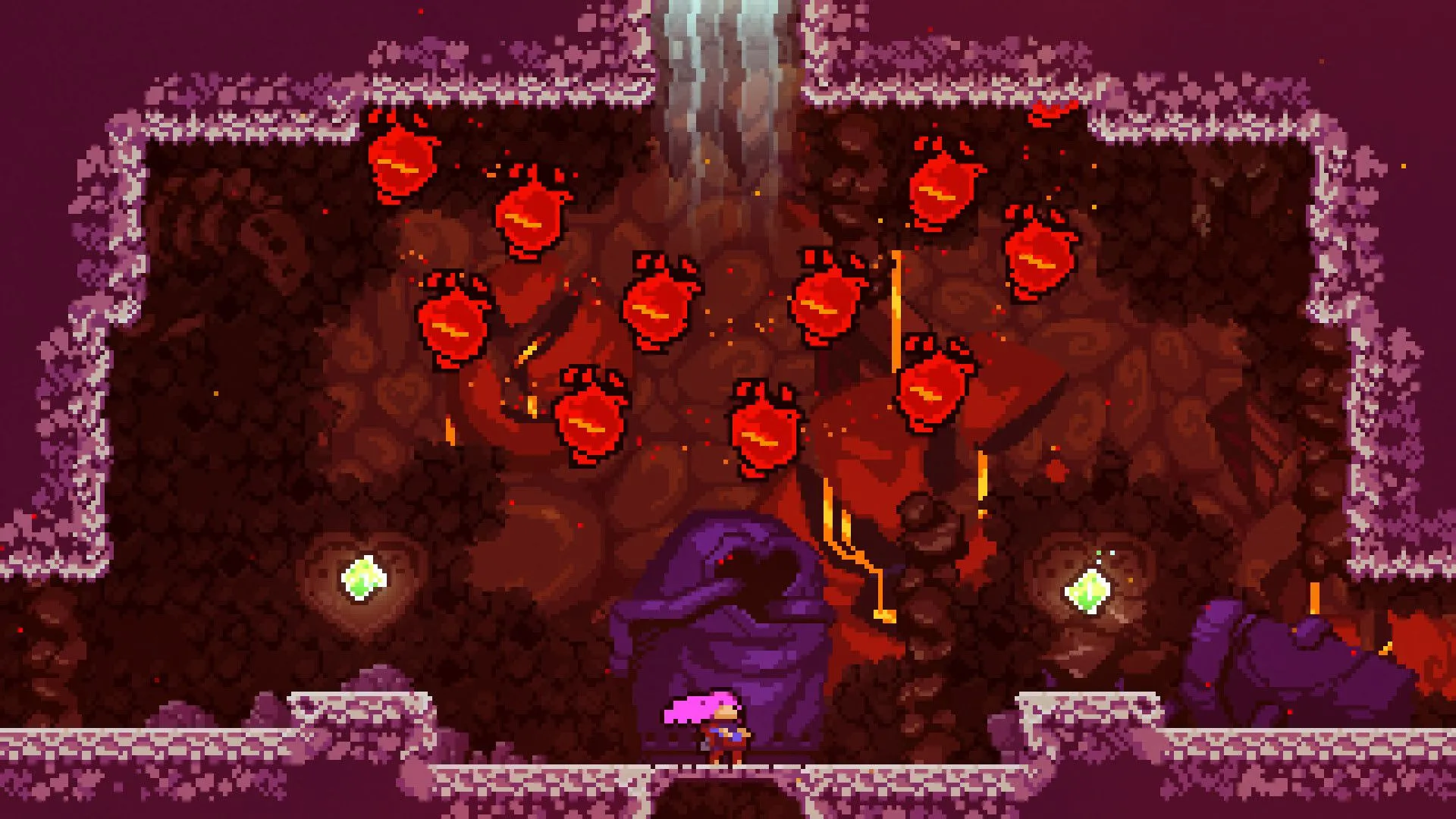 Madeline đối mặt với các quả cầu đỏ, biểu tượng cho những trở ngại tâm lý trong game Celeste