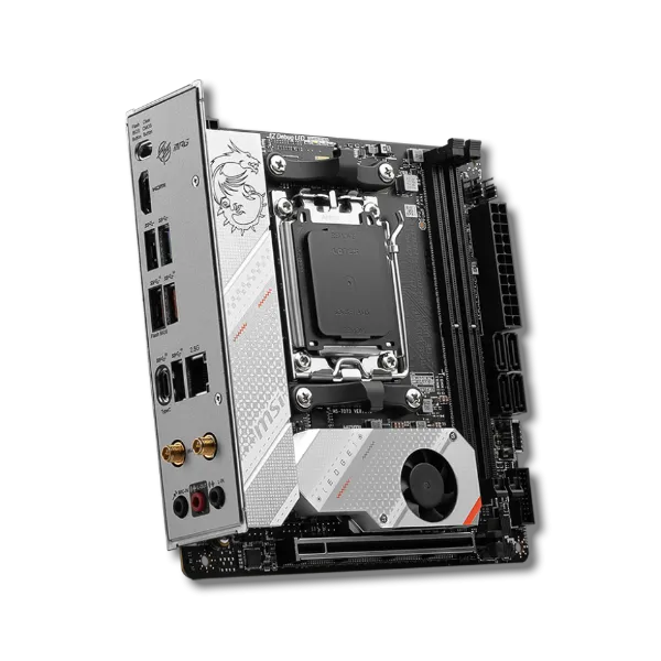 Mainboard MSI MPG B650I Edge WiFi Mini-ITX, cho thấy kích thước nhỏ gọn và các cổng kết nối