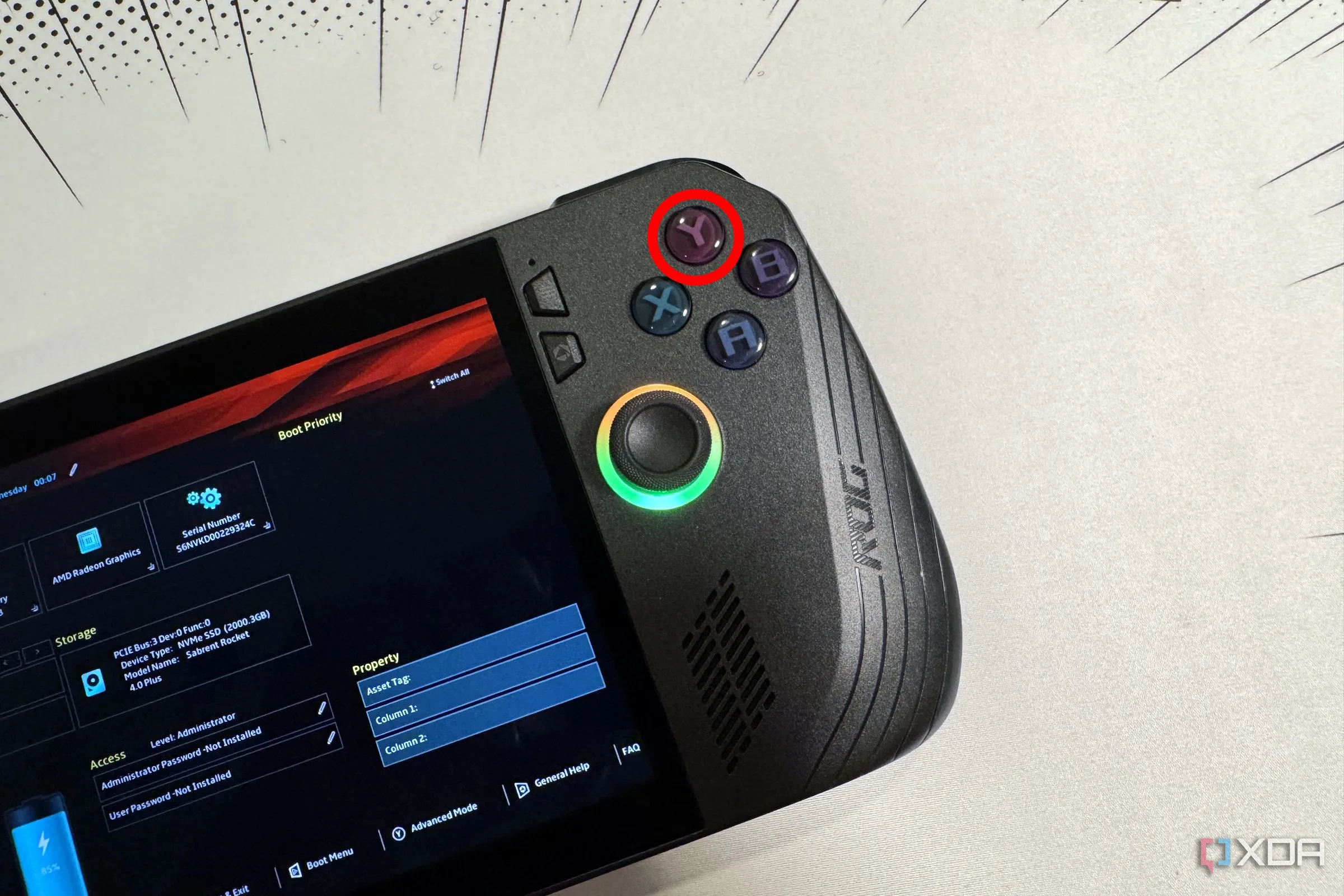 Màn hình BIOS của ROG Ally X với nút 'Y' được làm nổi bật, minh họa cho việc điều chỉnh cài đặt BIOS.