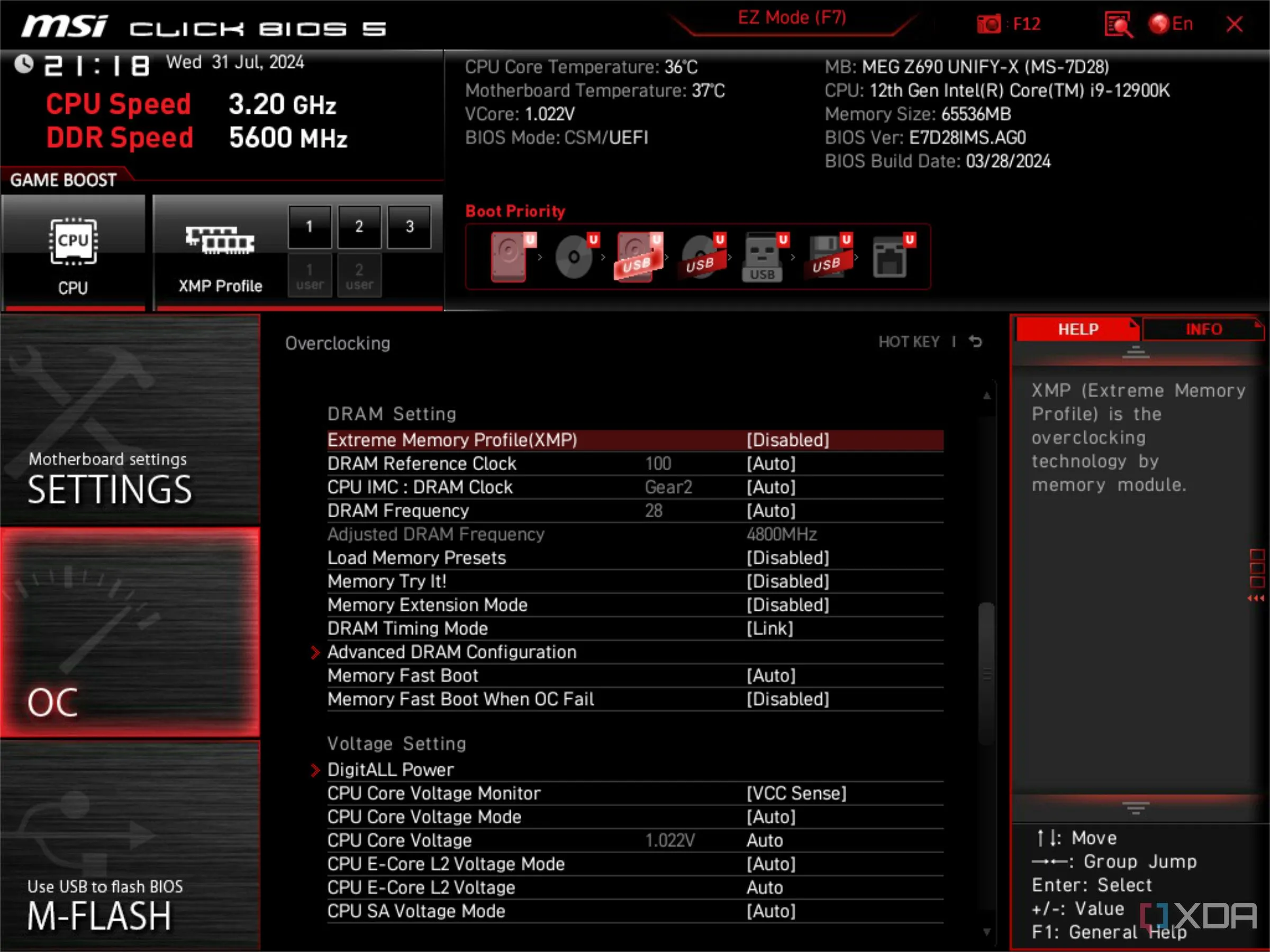 Màn hình BIOS UEFI của MSI cho thấy cài đặt XMP đang bị vô hiệu hóa