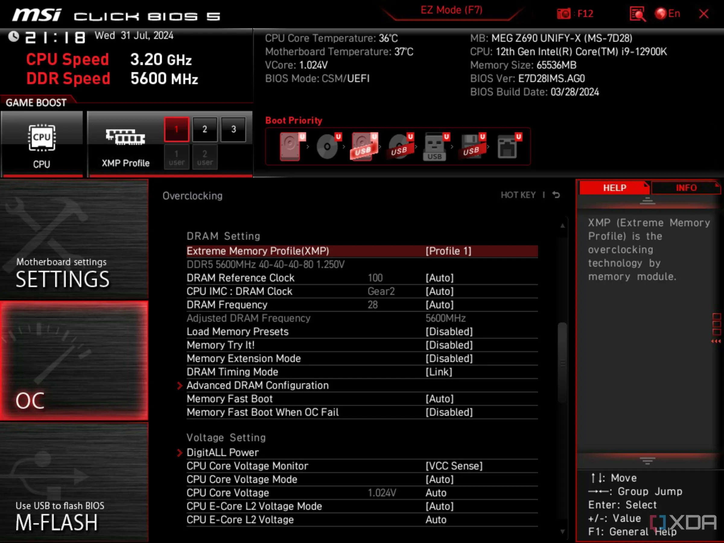 Màn hình BIOS UEFI của MSI hiển thị XMP đã bật cho DRAM