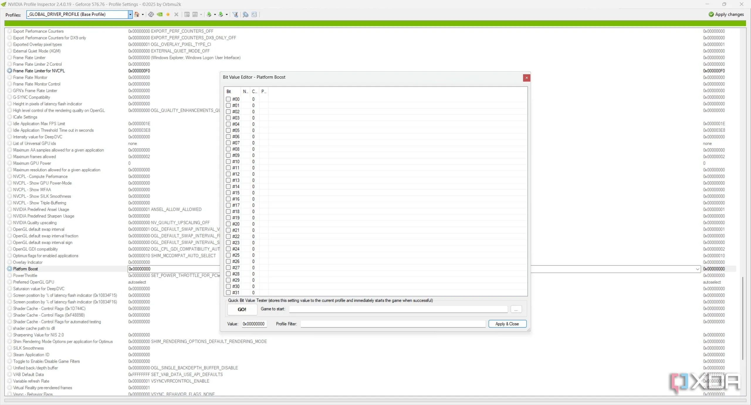Màn hình Bit Editor trong Nvidia Profile Inspector