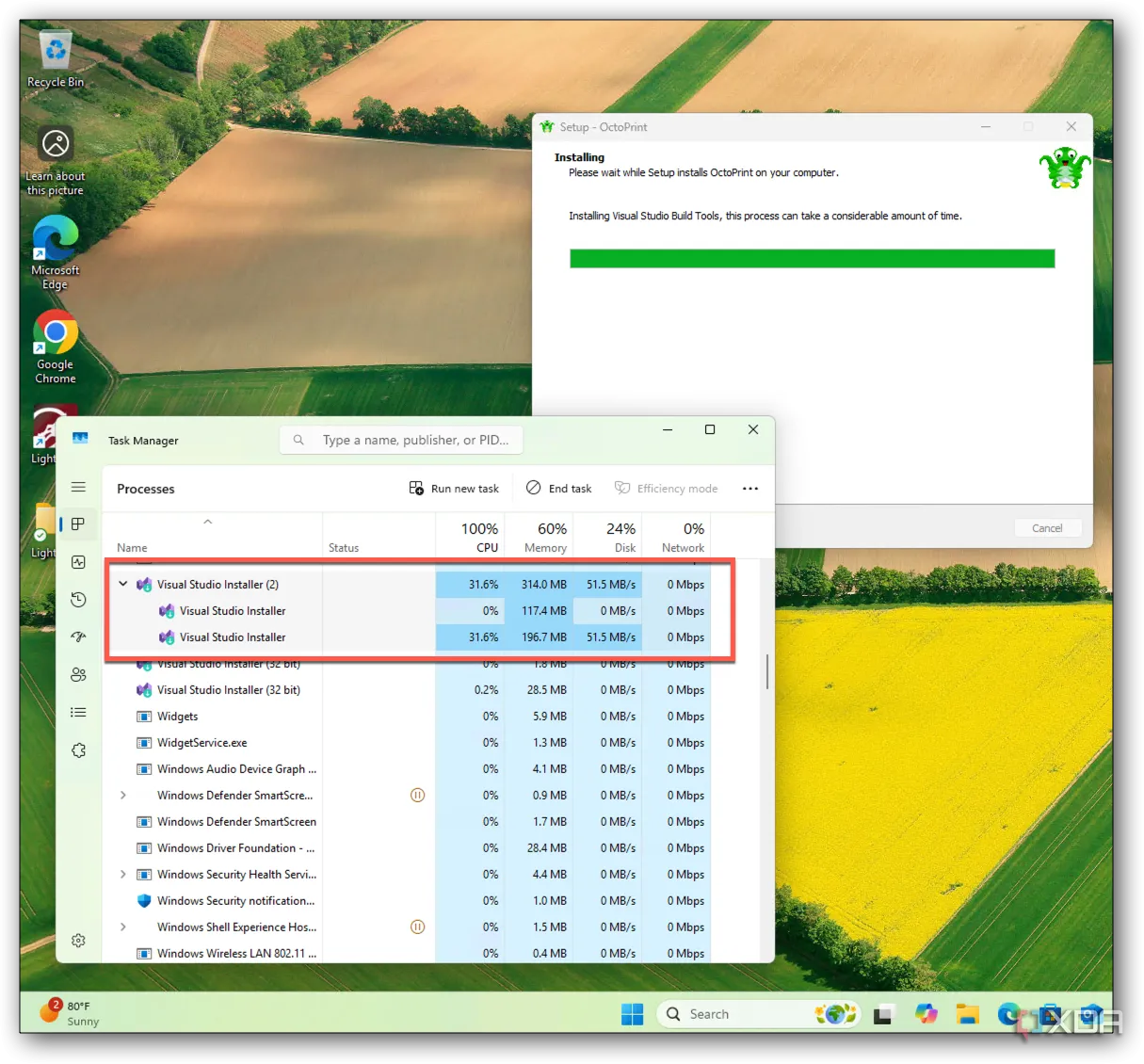 Màn hình cài đặt OctoPrint có thể tạm dừng khi tải Visual Studio Build Tools, đây là quá trình bình thường