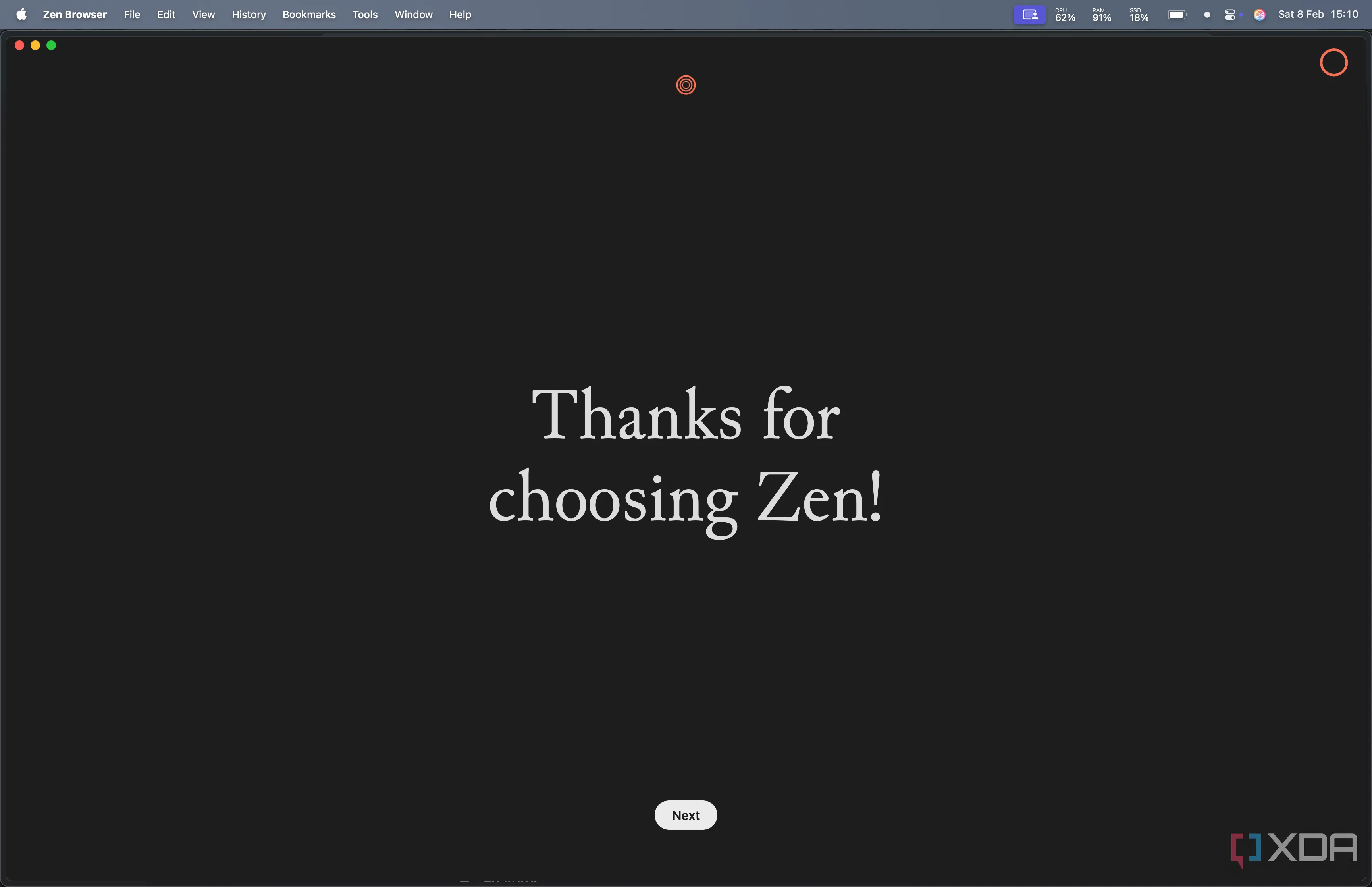 Màn hình chào mừng 'Cảm ơn bạn đã chọn Zen Browser', thể hiện sự trân trọng từ nhà phát triển.