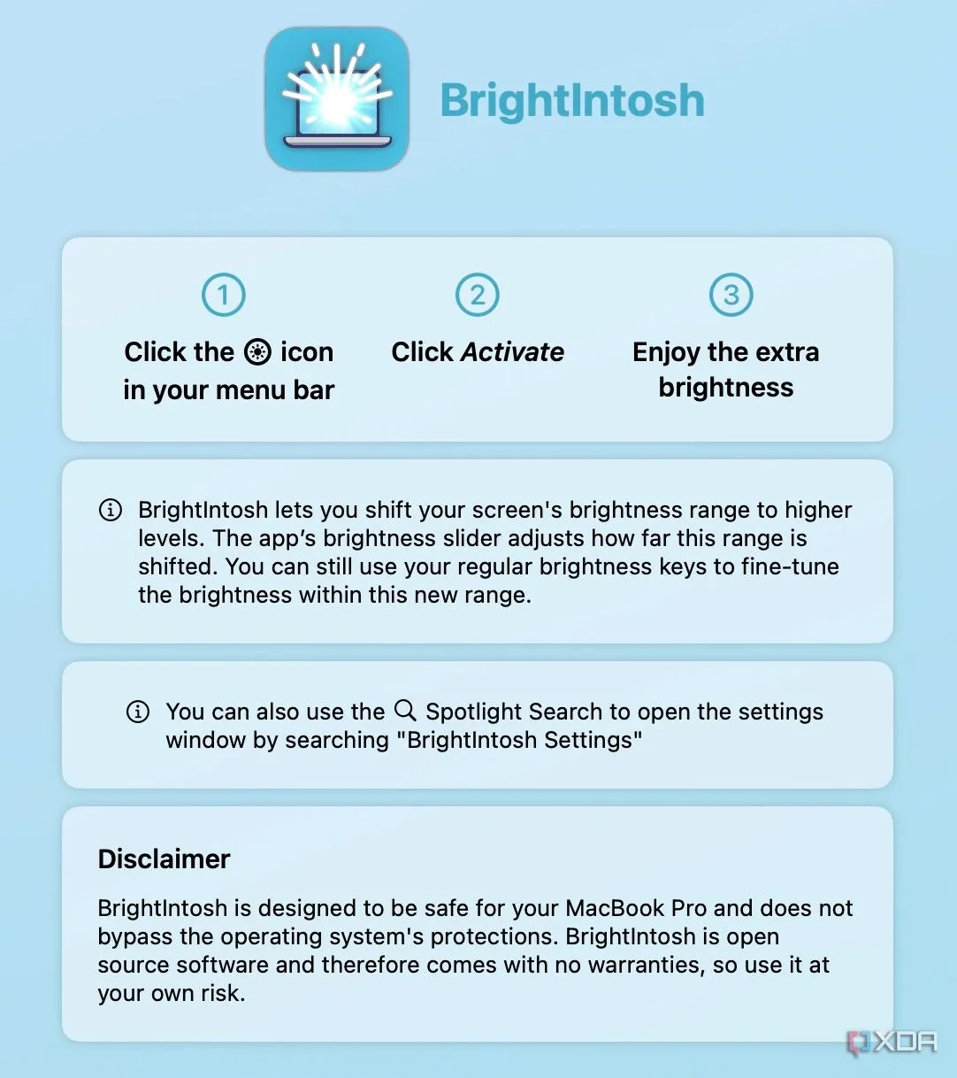 Màn hình chào mừng của ứng dụng Brightintosh trên macOS, hướng dẫn sử dụng ban đầu
