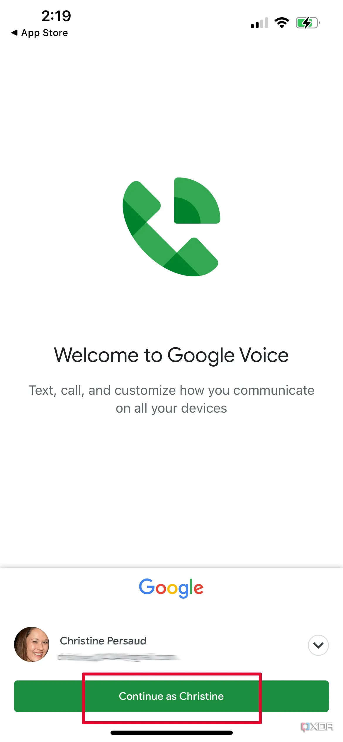 Màn hình chào mừng Google Voice với tùy chọn Tiếp tục với Christine đã chọn
