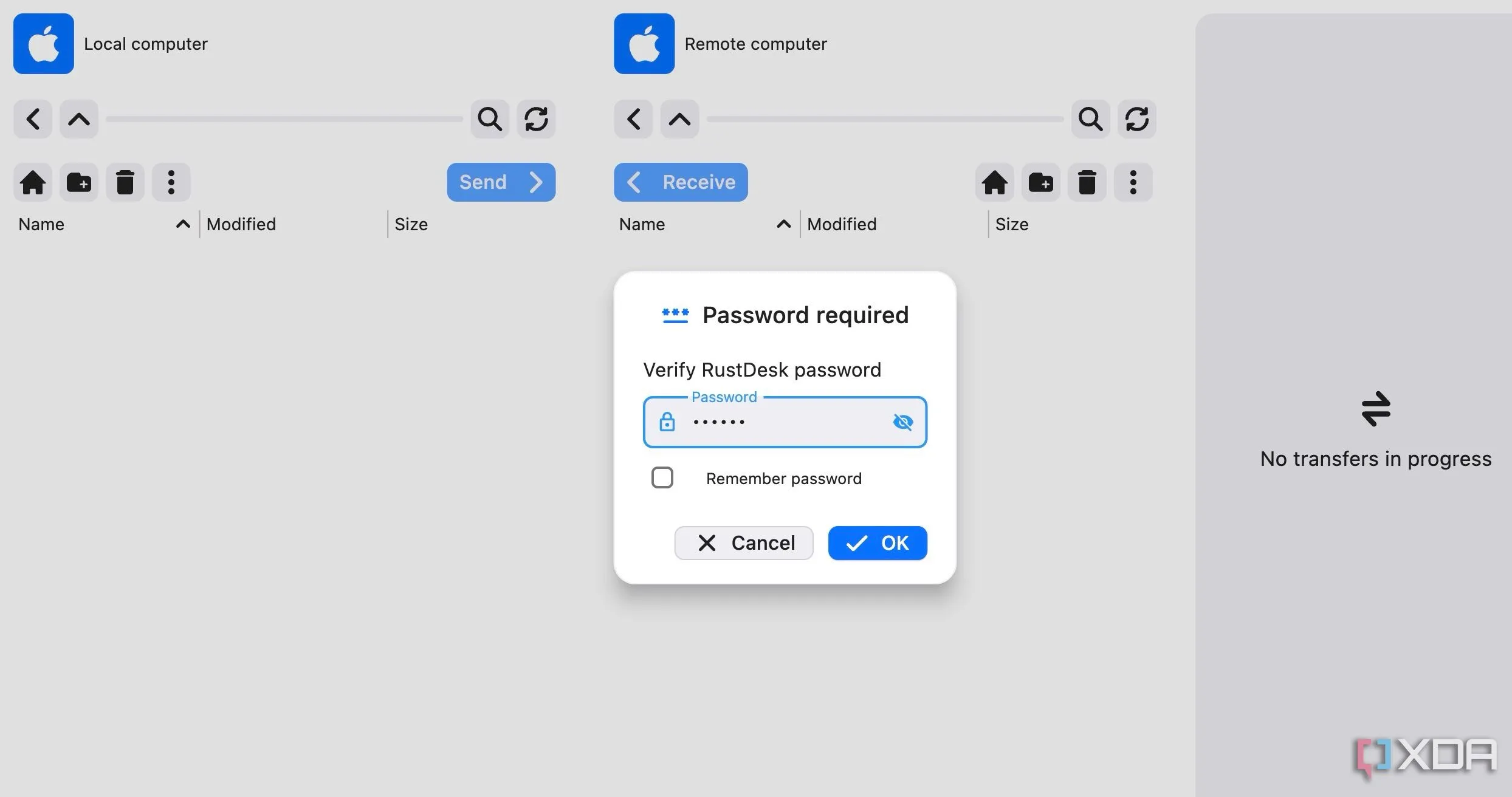 Màn hình chính của RustDesk với các tùy chọn điều khiển từ xa, truyền file và cài đặt