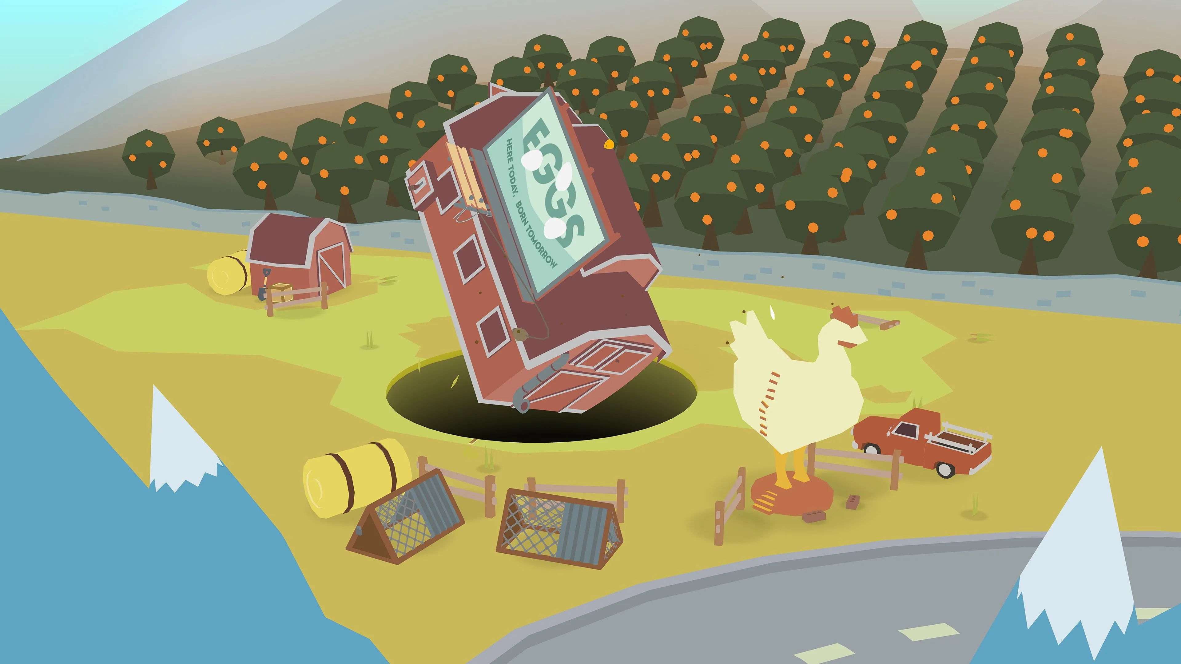 Màn hình chơi game Donut County với một cái hố nuốt chửng các vật thể.