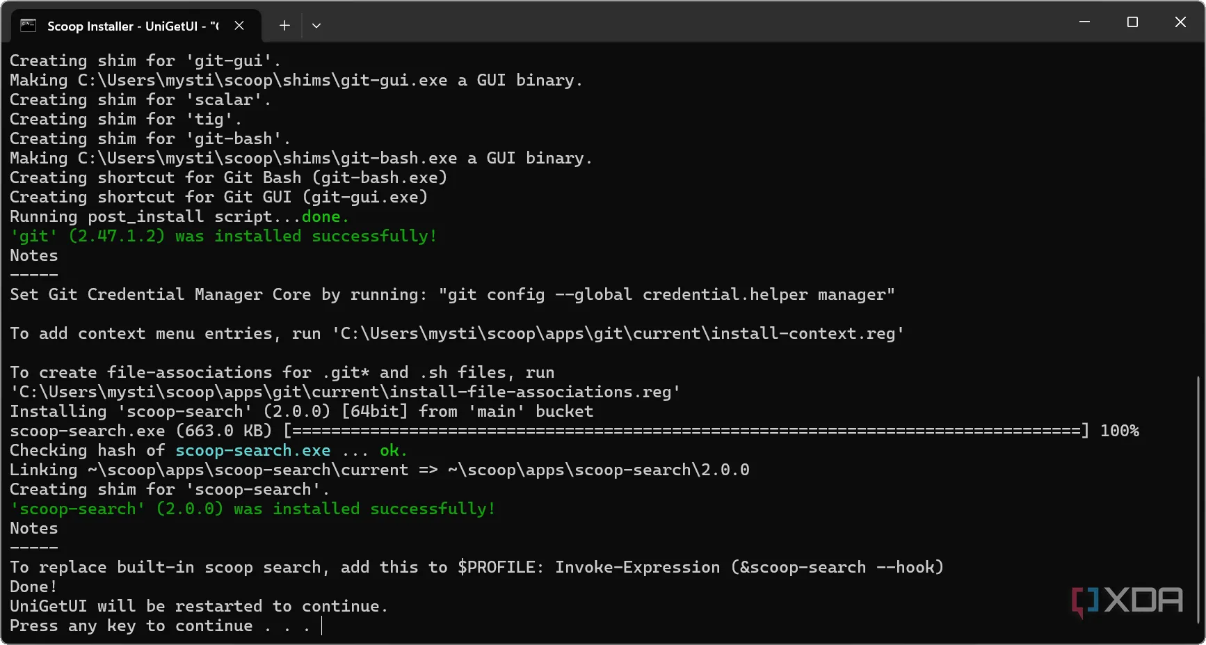 Màn hình CLI hiển thị quá trình cài đặt package manager Scoop trên Windows, cho thấy sự phức tạp của giao diện dòng lệnh