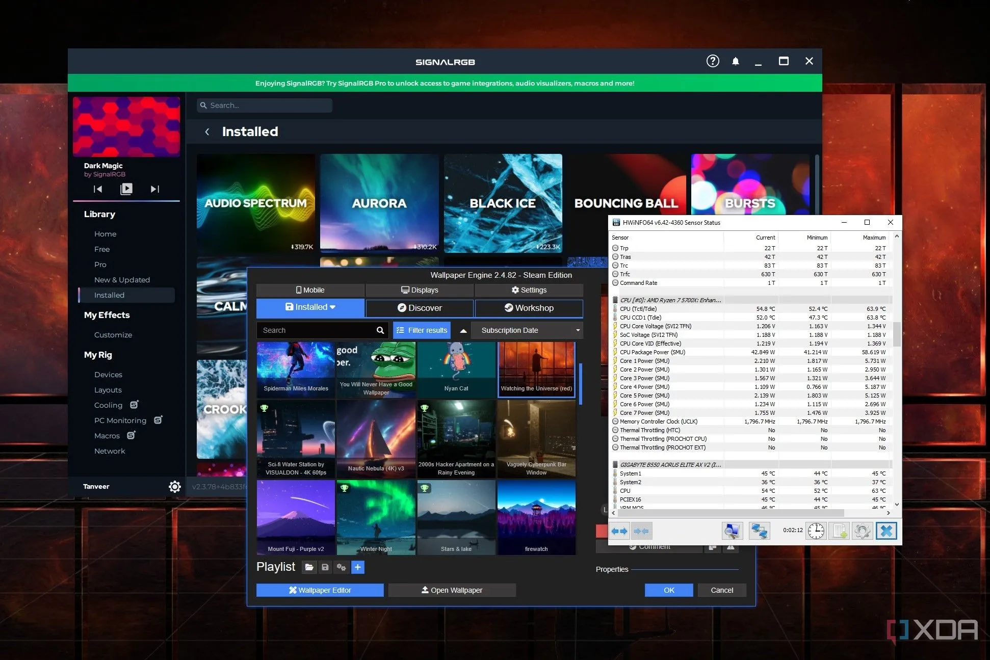 Màn hình desktop hiển thị các ứng dụng như SignalRGB, Wallpaper Engine và HWiNFO, minh họa việc sử dụng PC gaming cho các tác vụ không phải chơi game