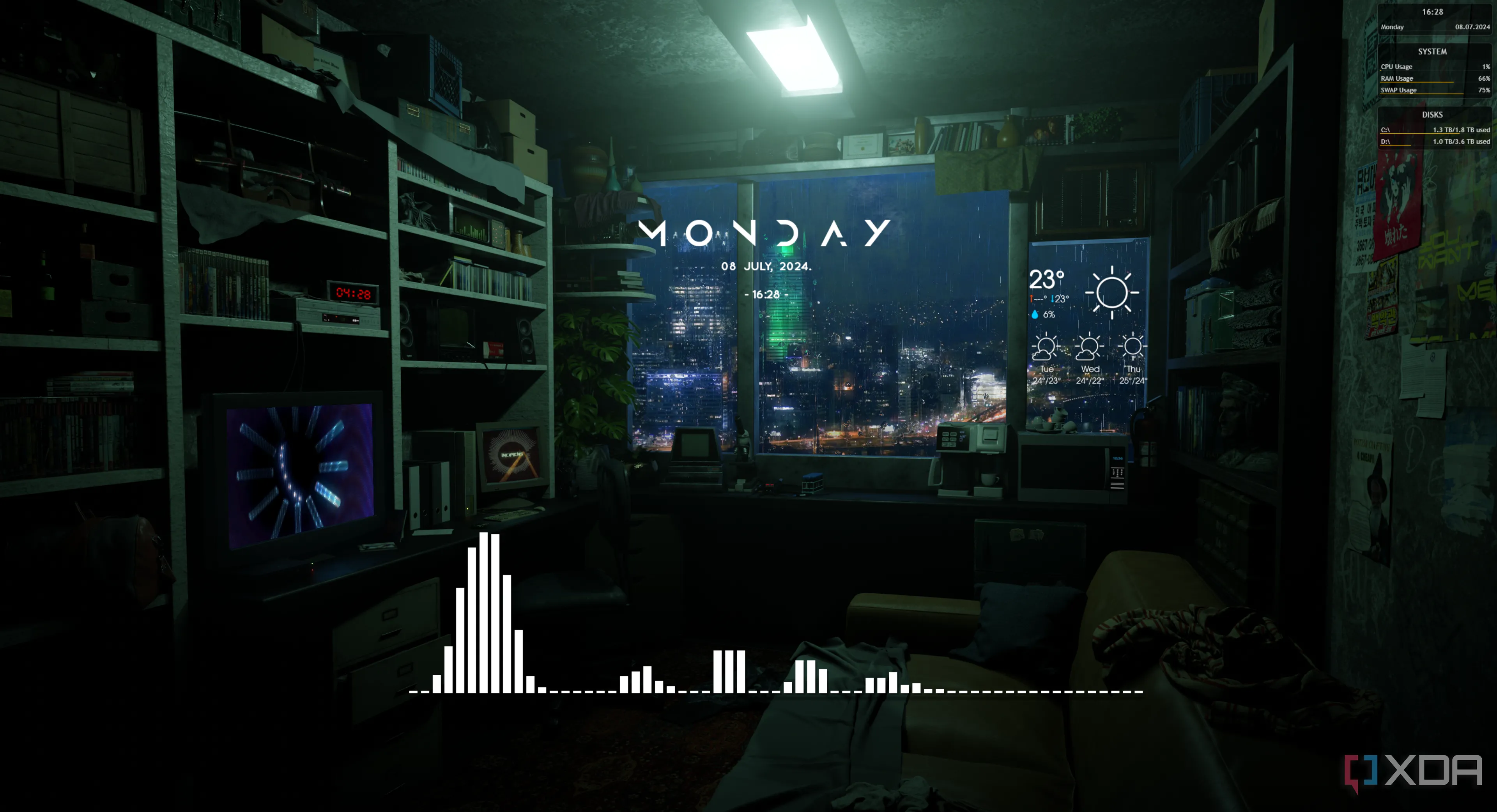 Màn hình desktop Windows 11 đã được tùy chỉnh với các widget và thông tin hệ thống sử dụng Rainmeter.
