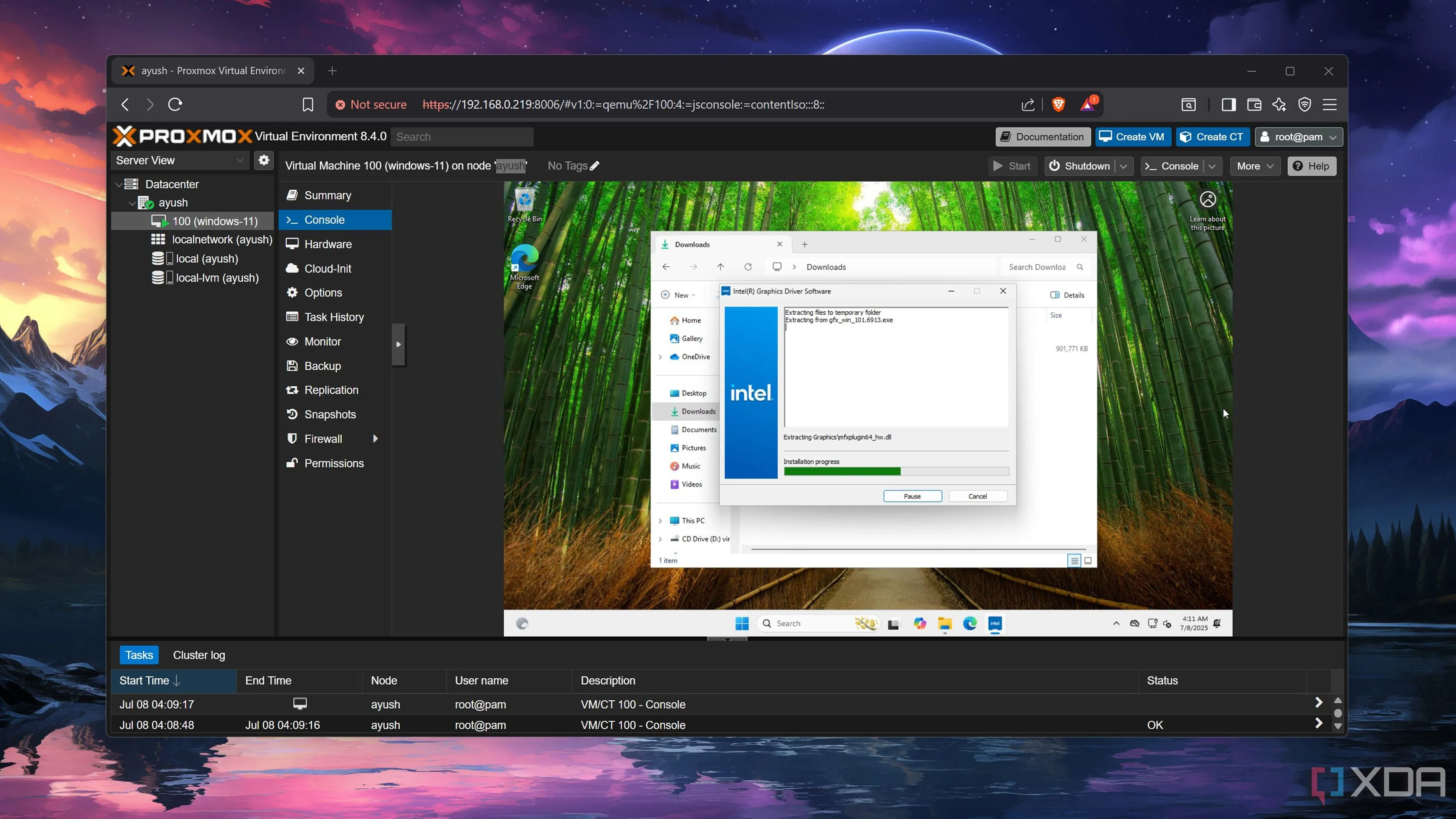 Màn hình desktop Windows 11 được truy cập thông qua giao diện điều khiển QEMU trong Proxmox, thể hiện độ trễ