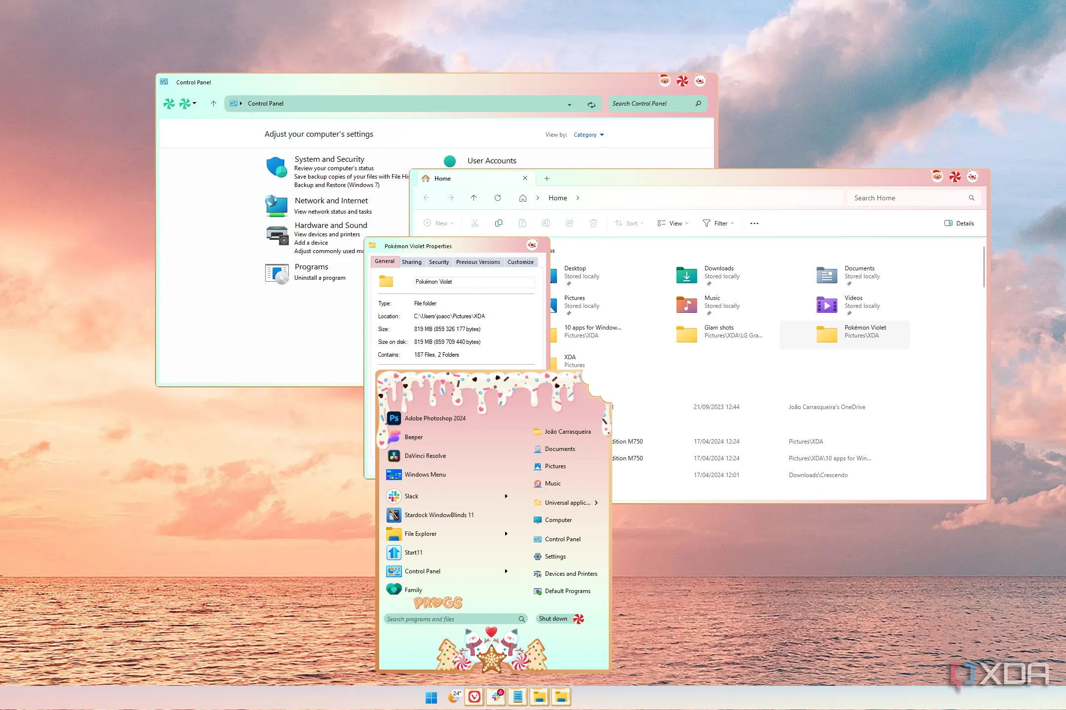Màn hình desktop Windows 11 với giao diện Start menu và các cửa sổ được tùy chỉnh bằng WindowBlinds