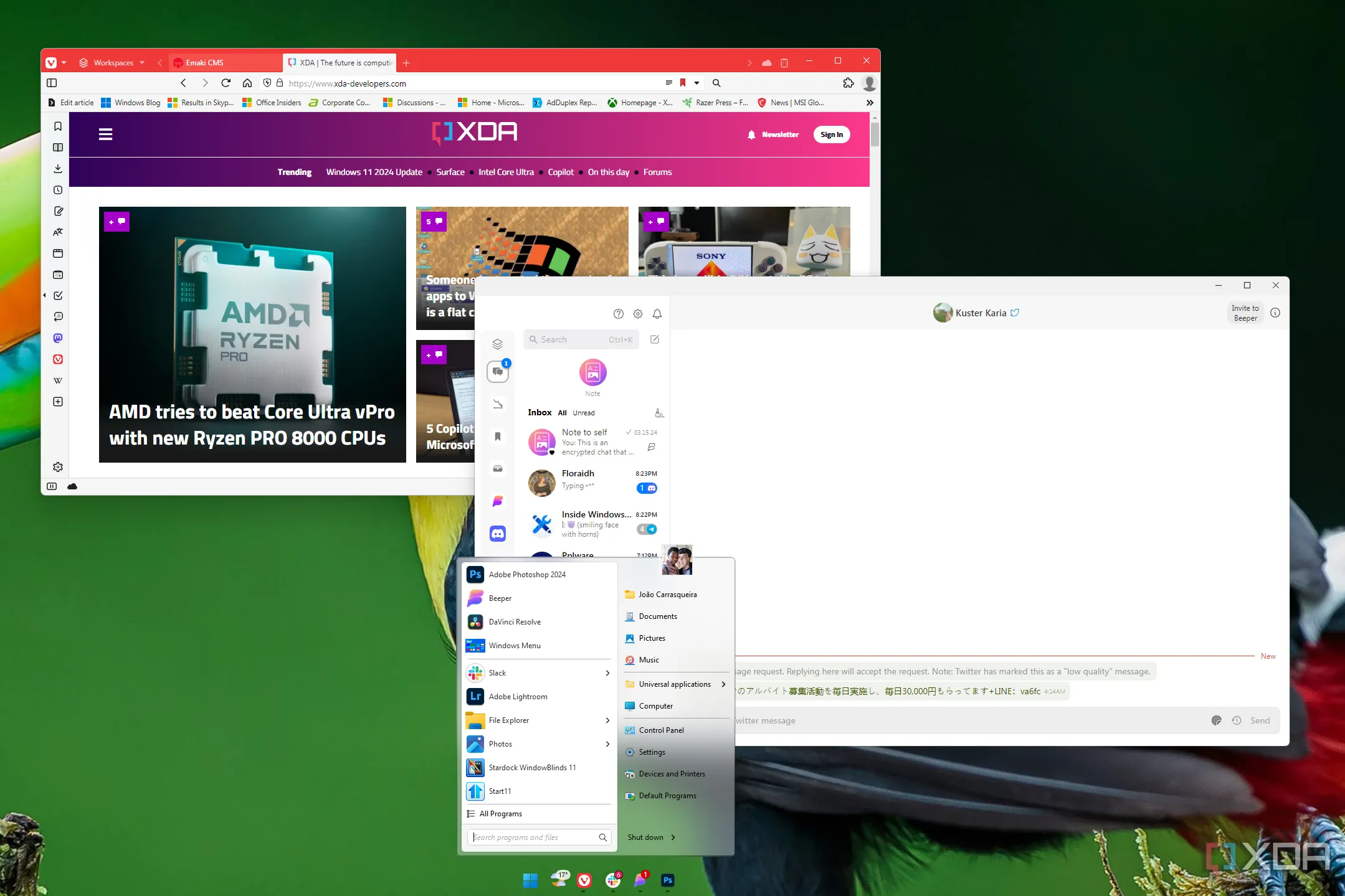 Màn hình desktop Windows với các ứng dụng phổ biến như Vivaldi và Beeper
