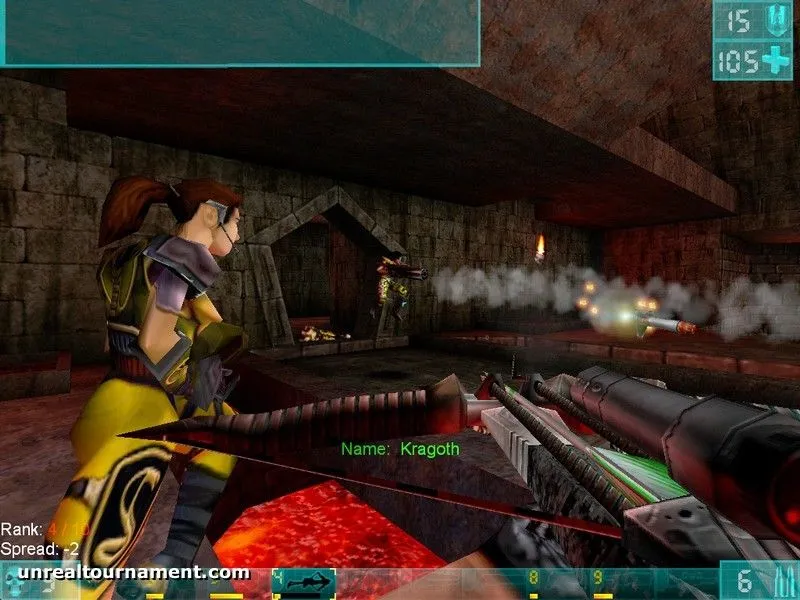 Màn hình game Unreal Tournament với đồ họa bắn súng góc nhìn thứ nhất tốc độ cao
