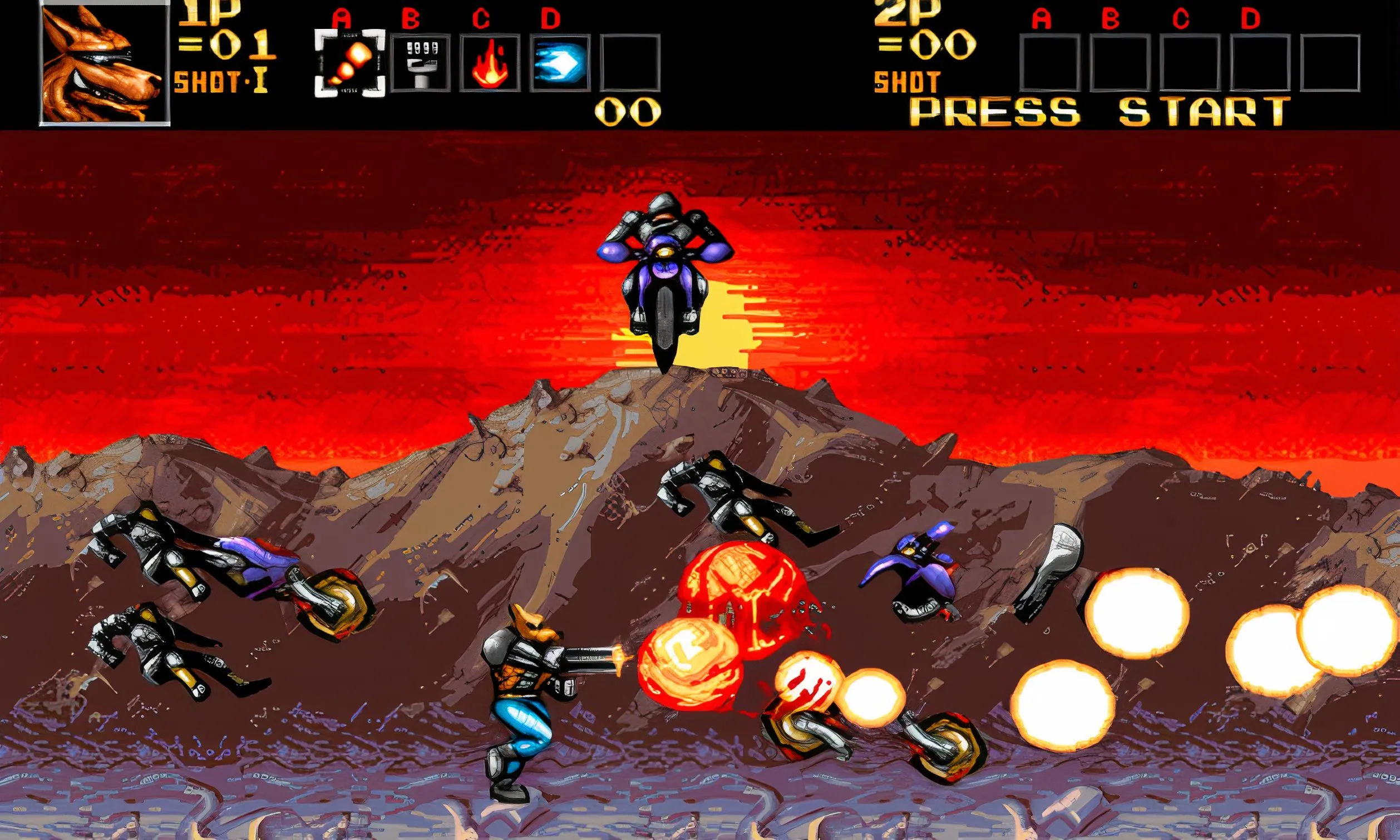 Màn hình gameplay của Contra: Hard Corps trên Sega Genesis, hiển thị nhân vật chính đang bắn hạ kẻ thù giữa trận chiến ác liệt