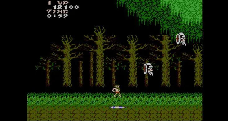 Màn hình gameplay của Ghosts 'n Goblins với hình ảnh Arthur và kẻ thù