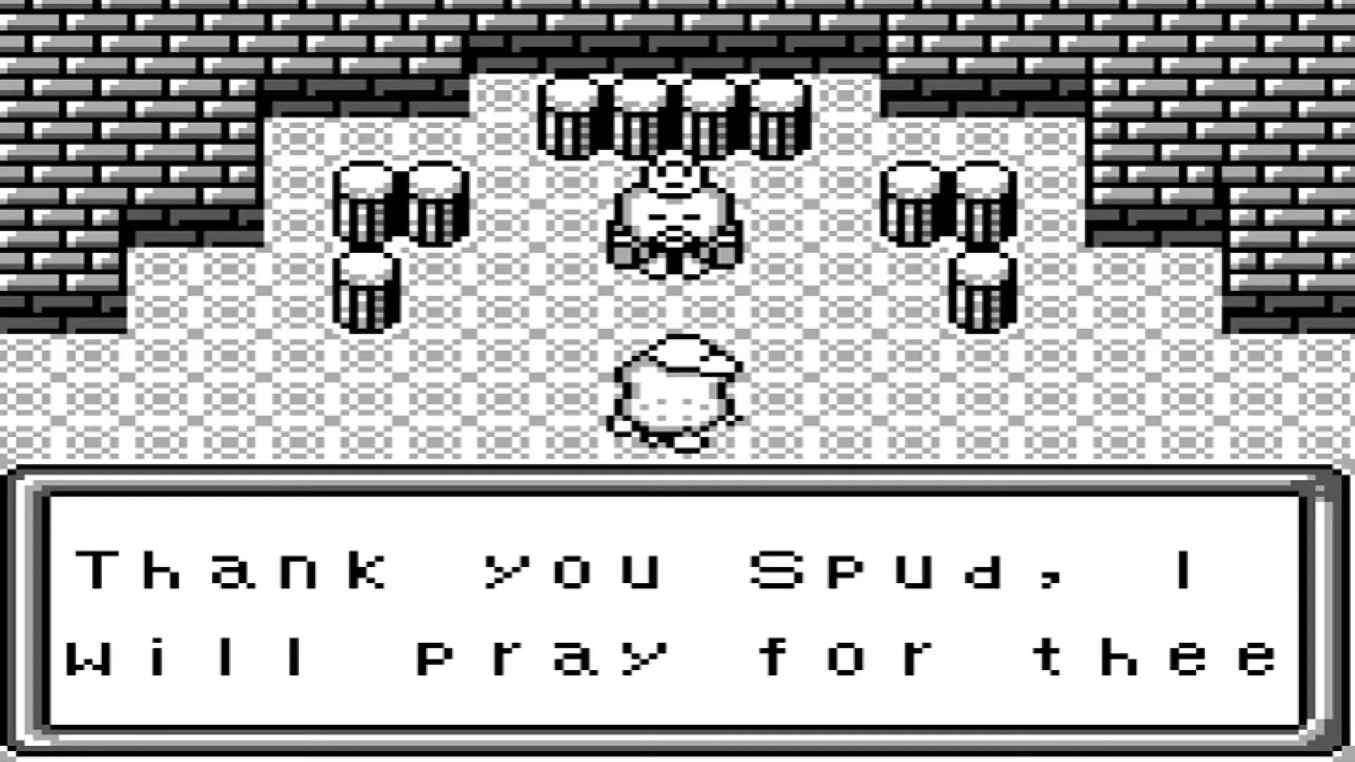 Màn hình gameplay của Spud's Adventure trên Game Boy, nhân vật Spud đang đối đầu với kẻ thù hình rau củ
