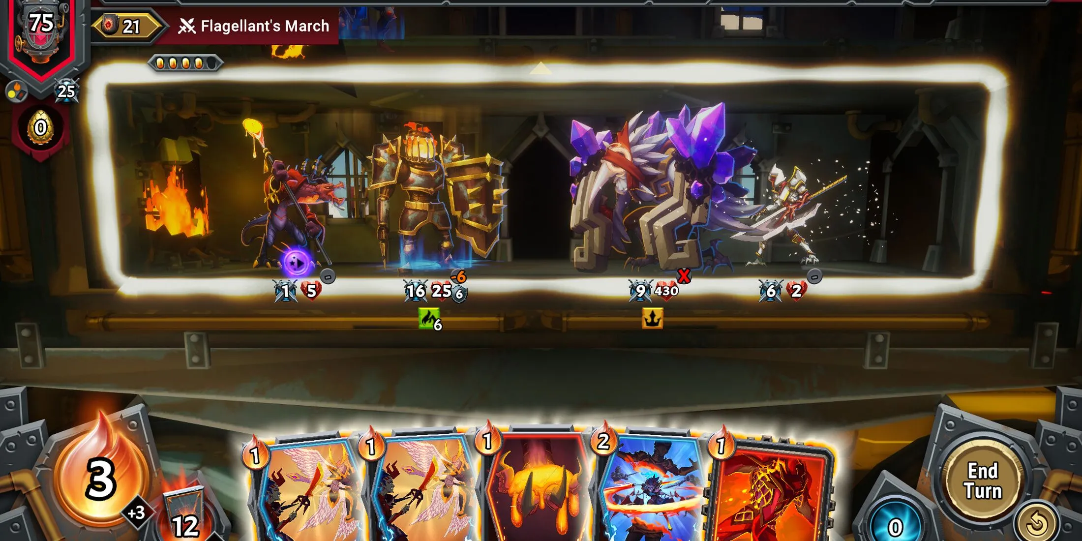 Màn hình gameplay Monster Train 2 với các thẻ bài và kẻ thù.