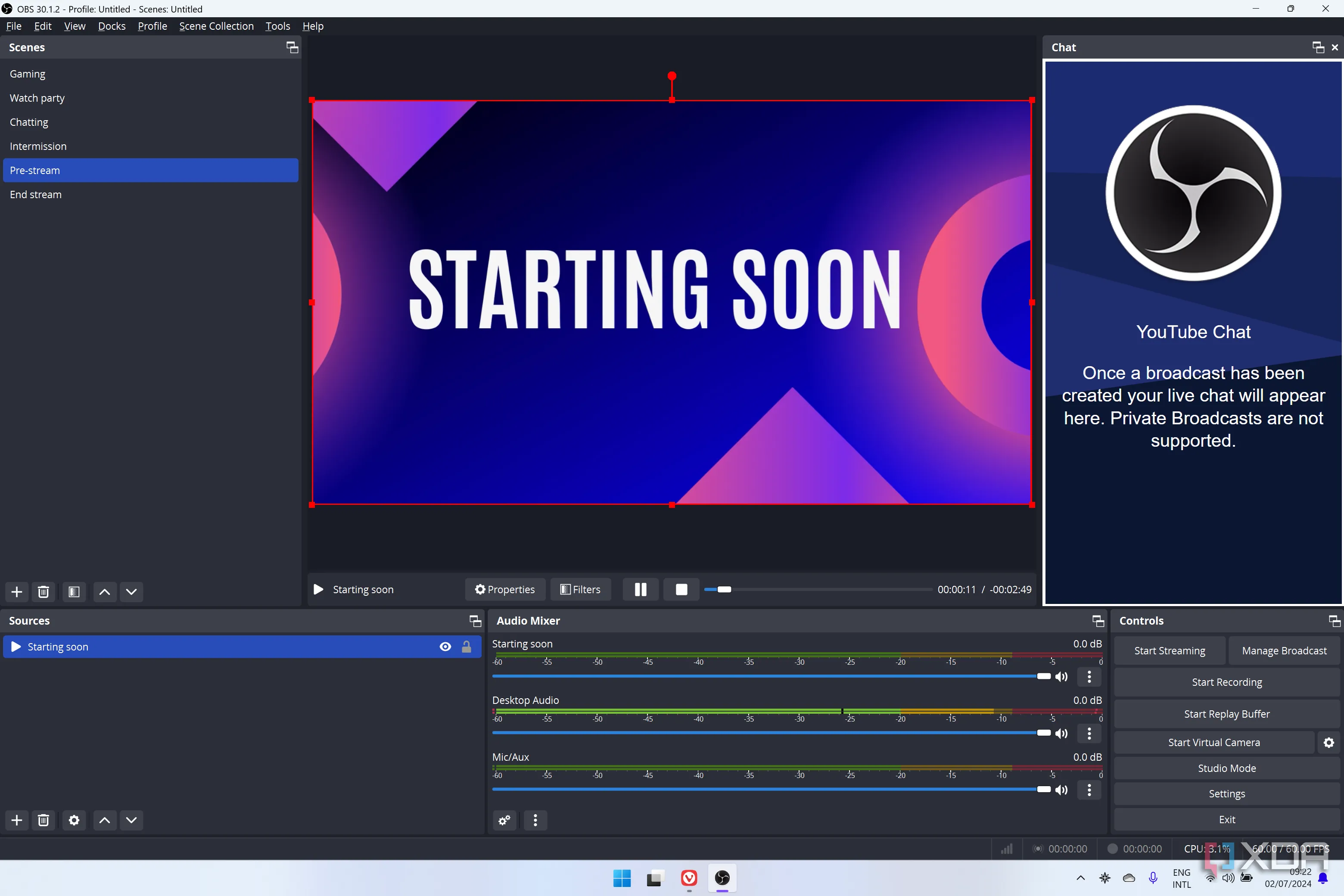 Màn hình giao diện OBS Studio hiển thị một cảnh quay (scene) với video đang chạy và các nguồn media khác