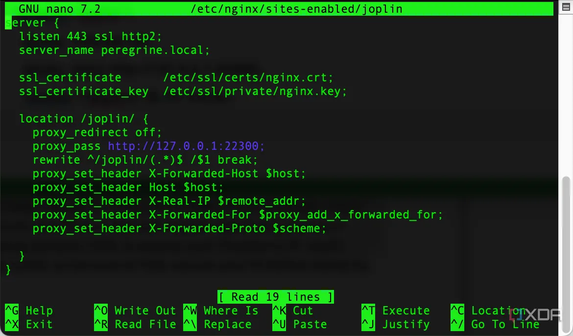 Màn hình hiển thị cấu hình Nginx cho máy chủ Joplin, minh họa việc tự host dữ liệu Joplin