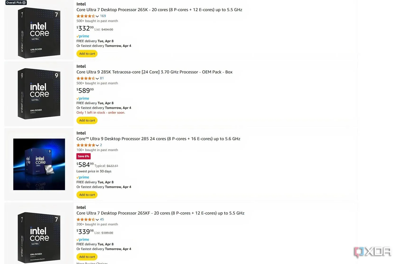 Màn hình hiển thị giá CPU Intel Arrow Lake trên Amazon