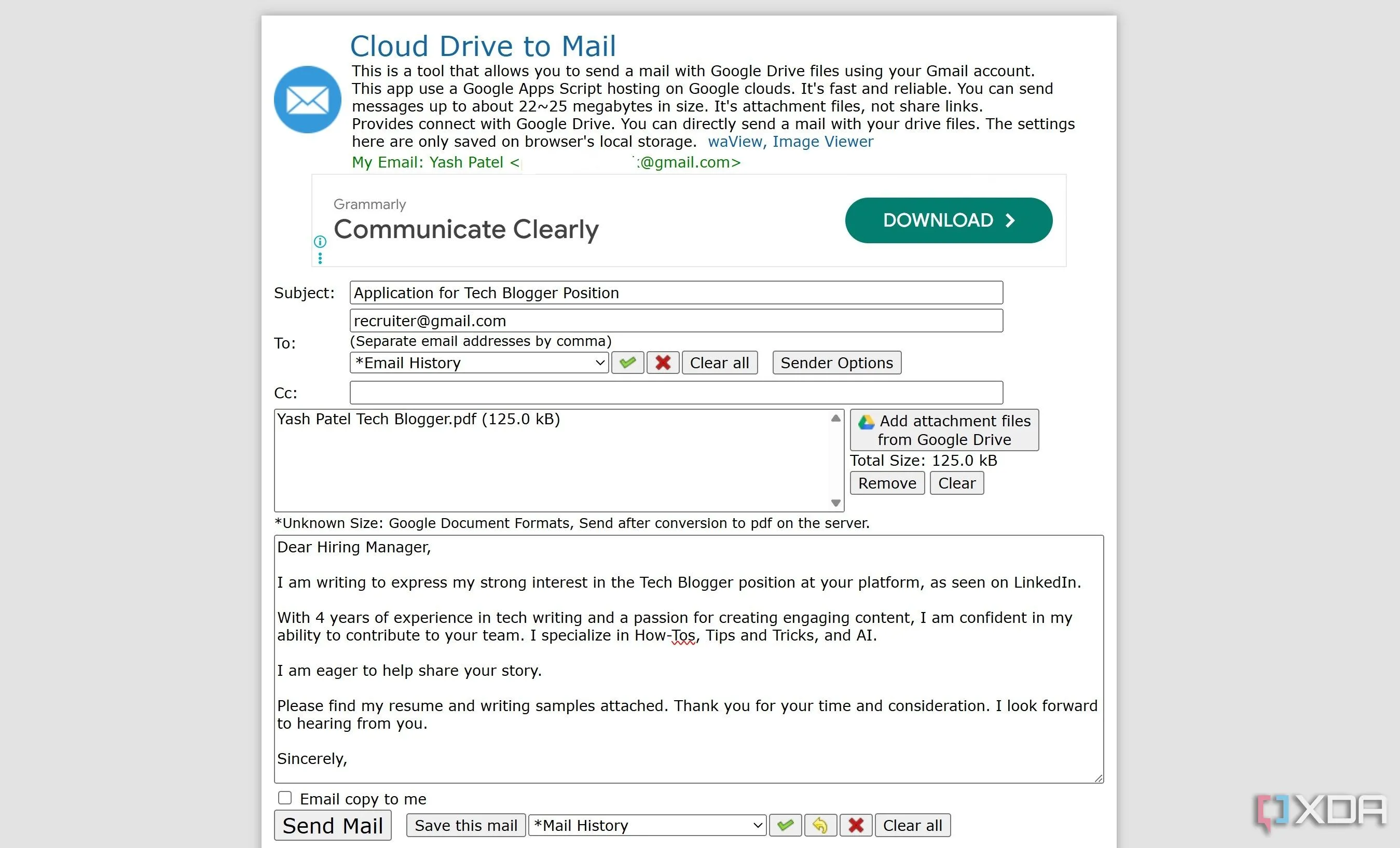 Màn hình hiển thị trình soạn thảo email của Cloud Drive to Mail, cho phép đính kèm tệp từ Google Drive