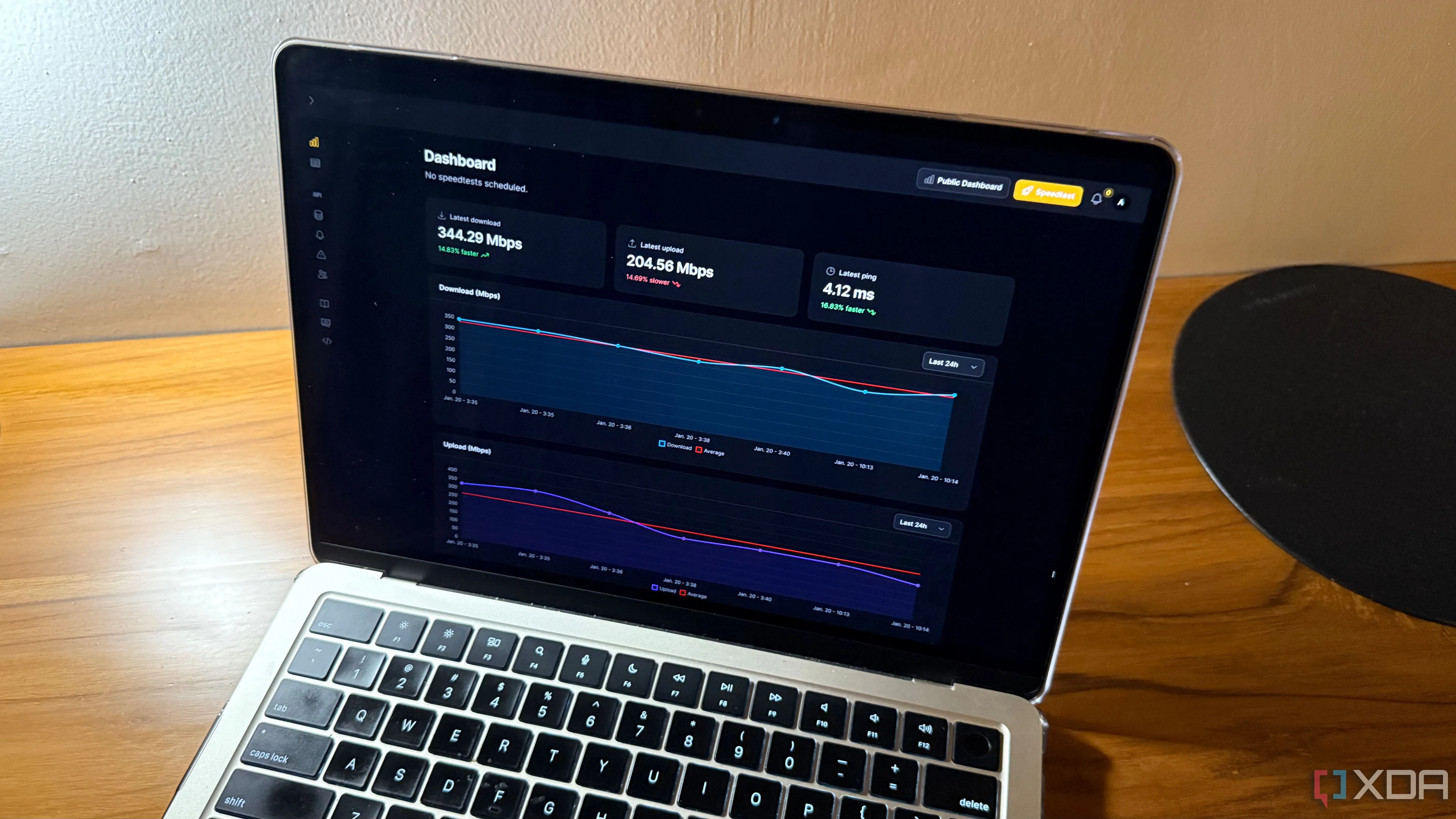 Màn hình máy Mac hiển thị kết quả chi tiết của Speedtest Tracker, bao gồm download, upload và ping, giúp người dùng theo dõi hiệu suất internet