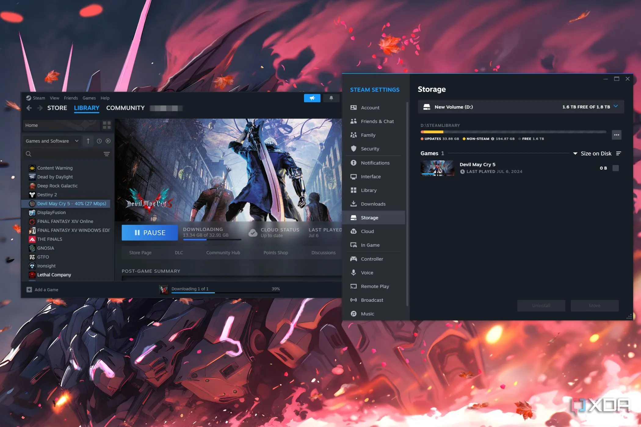 Màn hình máy tính đang tải game Devil May Cry 5 qua nền tảng Steam, minh họa việc sử dụng ổ cứng tân trang để lưu trữ các trò chơi.
