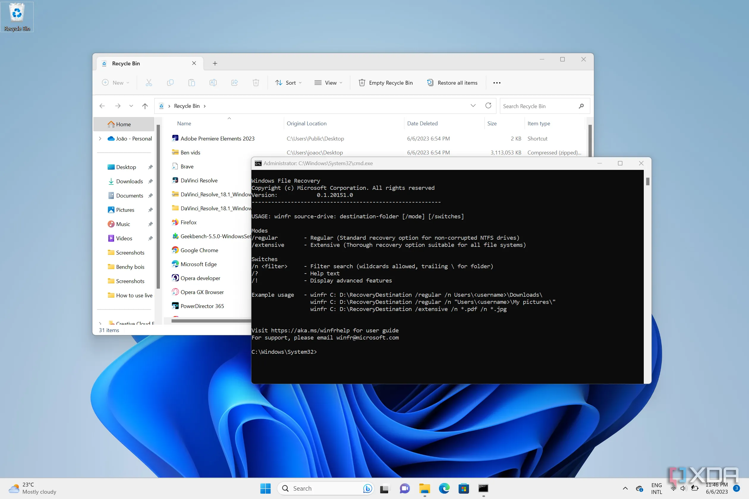 Màn hình máy tính Windows 11 hiển thị các công cụ phục hồi như Windows File Recovery và Recycle Bin