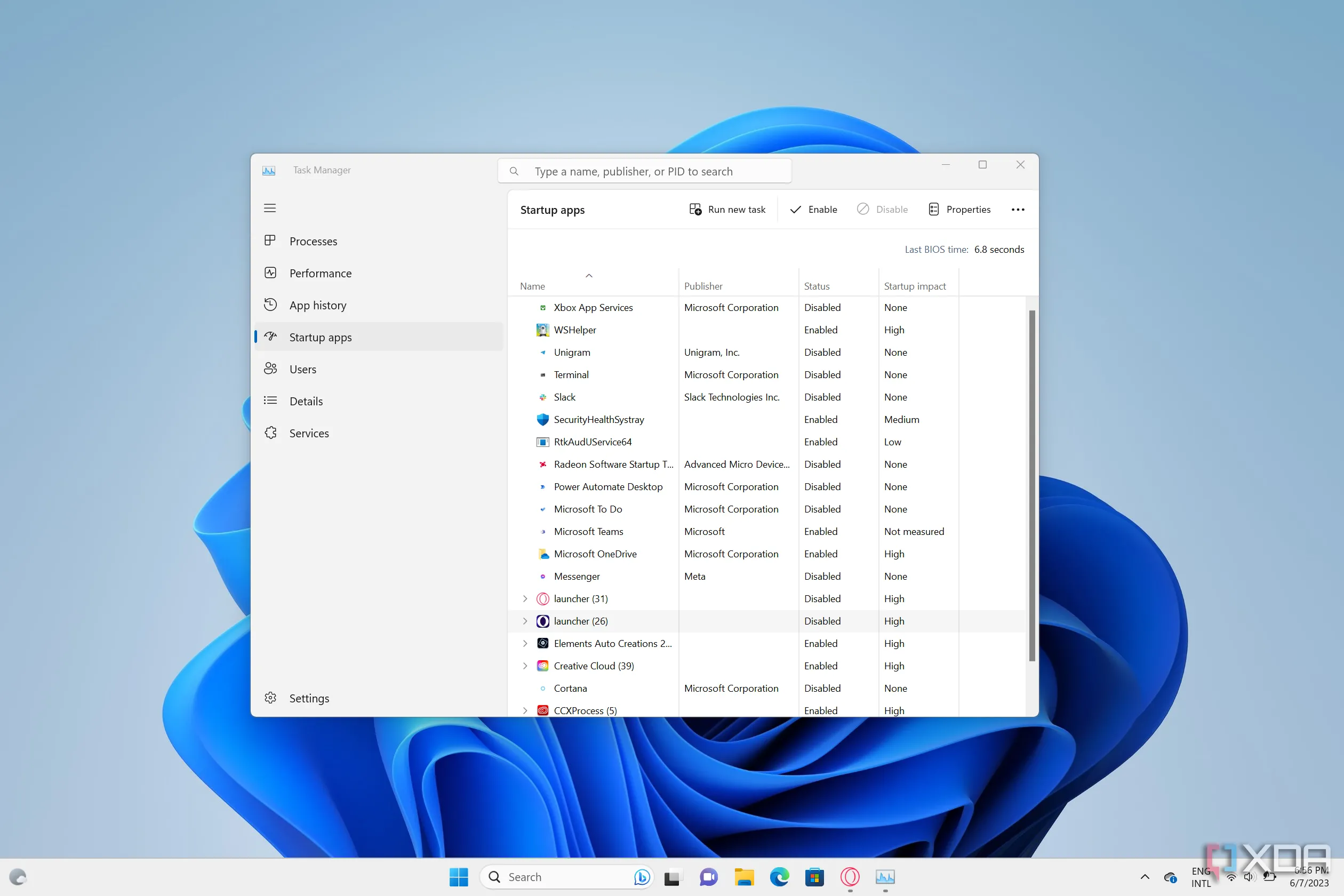 Màn hình Task Manager của Windows 11 hiển thị danh sách các ứng dụng khởi động cùng hệ thống