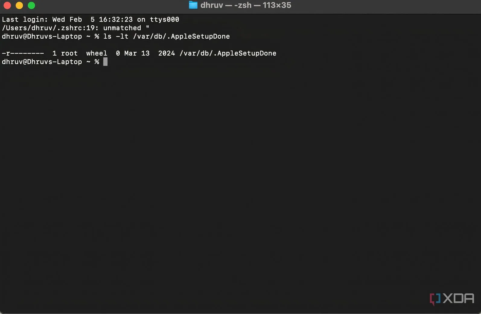 Màn hình Terminal hiển thị ngày cài đặt hệ điều hành trên macOS