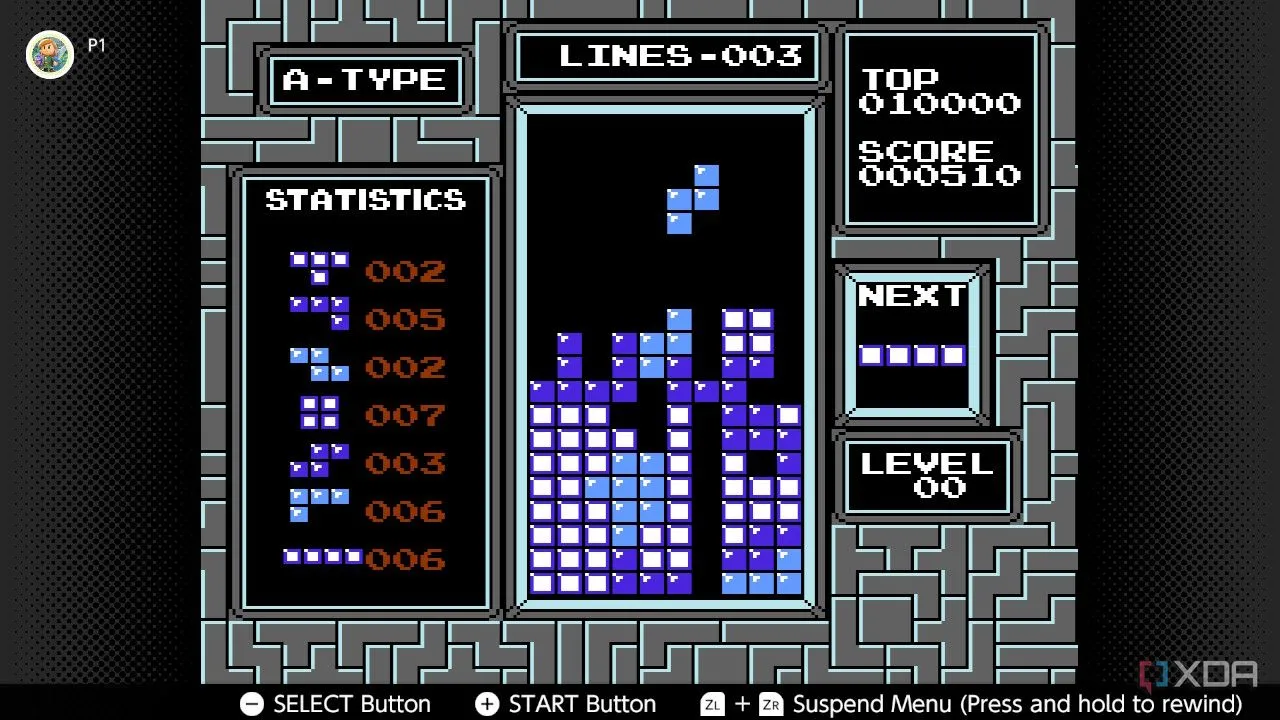 Màn hình Tetris cho NES trên dịch vụ Nintendo Switch Online