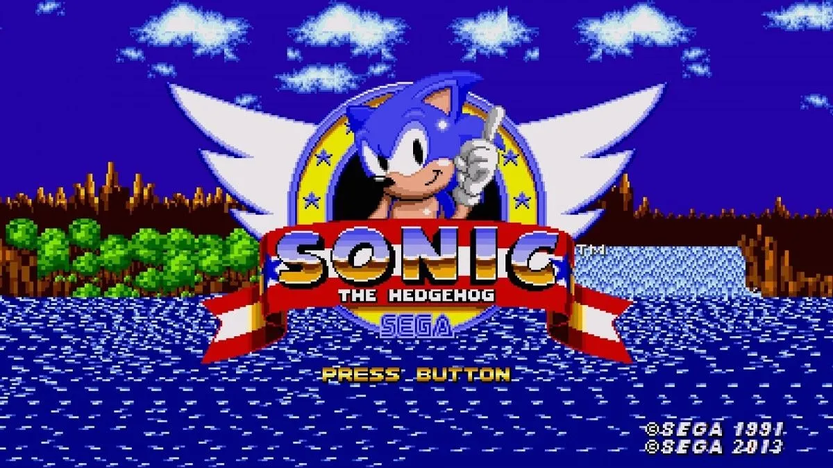 Màn hình tiêu đề game Sonic the Hedgehog trên máy Sega Genesis, biểu tượng của sự cạnh tranh trong kỷ nguyên console