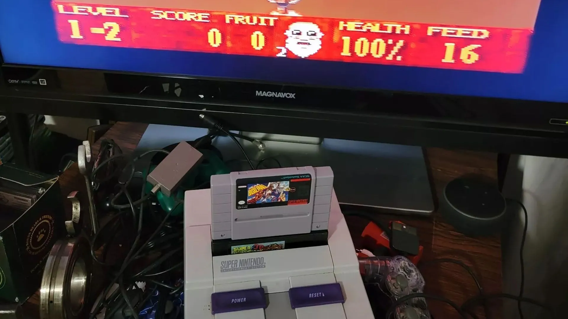 Màn hình trò chơi Super Noah's Ark 3D chạy trên giả lập SNES, minh họa đồ họa 16-bit cổ điển.