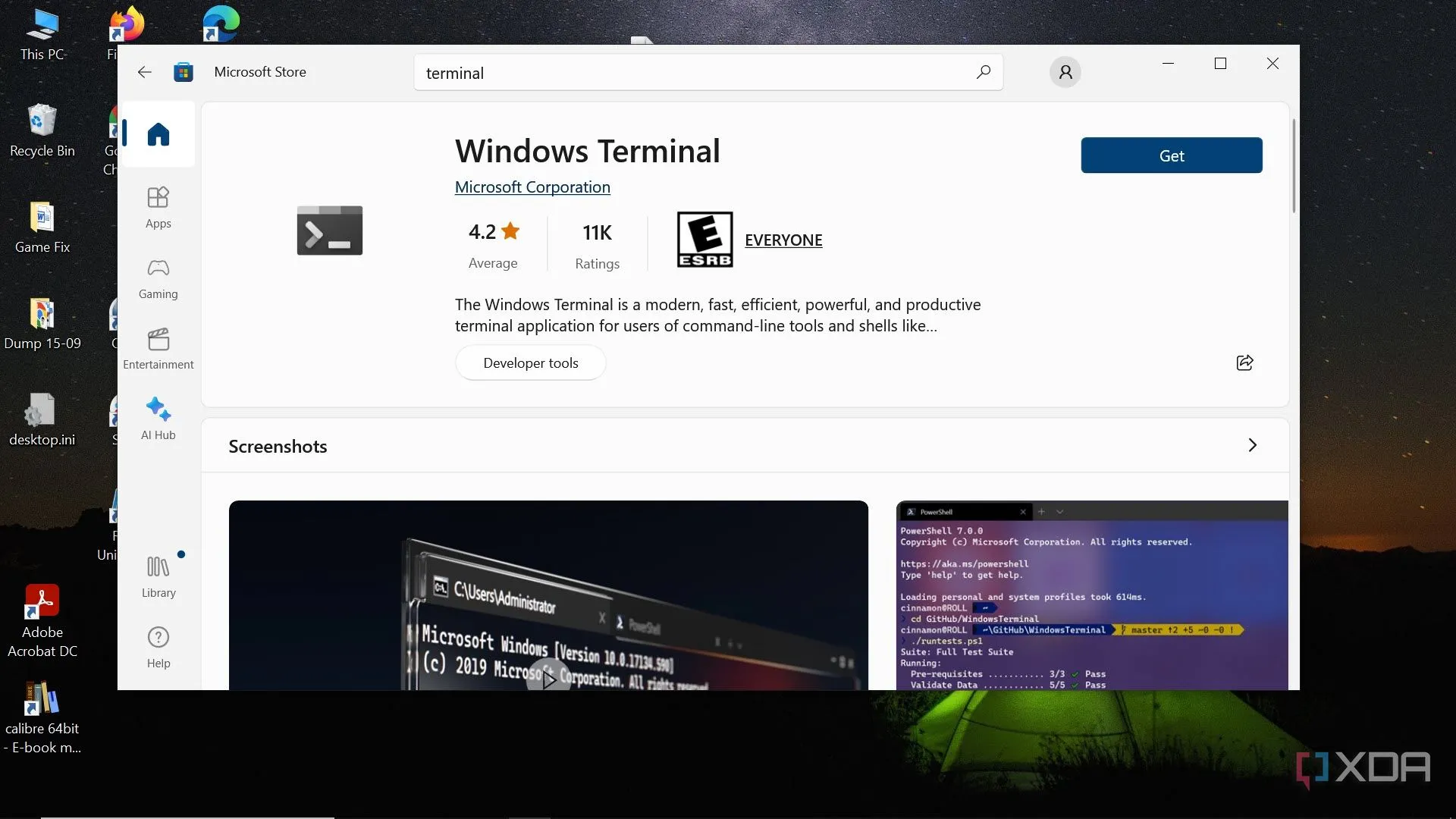 Màn hình ứng dụng Microsoft Store hiển thị kết quả tìm kiếm &quot;Windows Terminal&quot; và nút &quot;Get/Install&quot;.