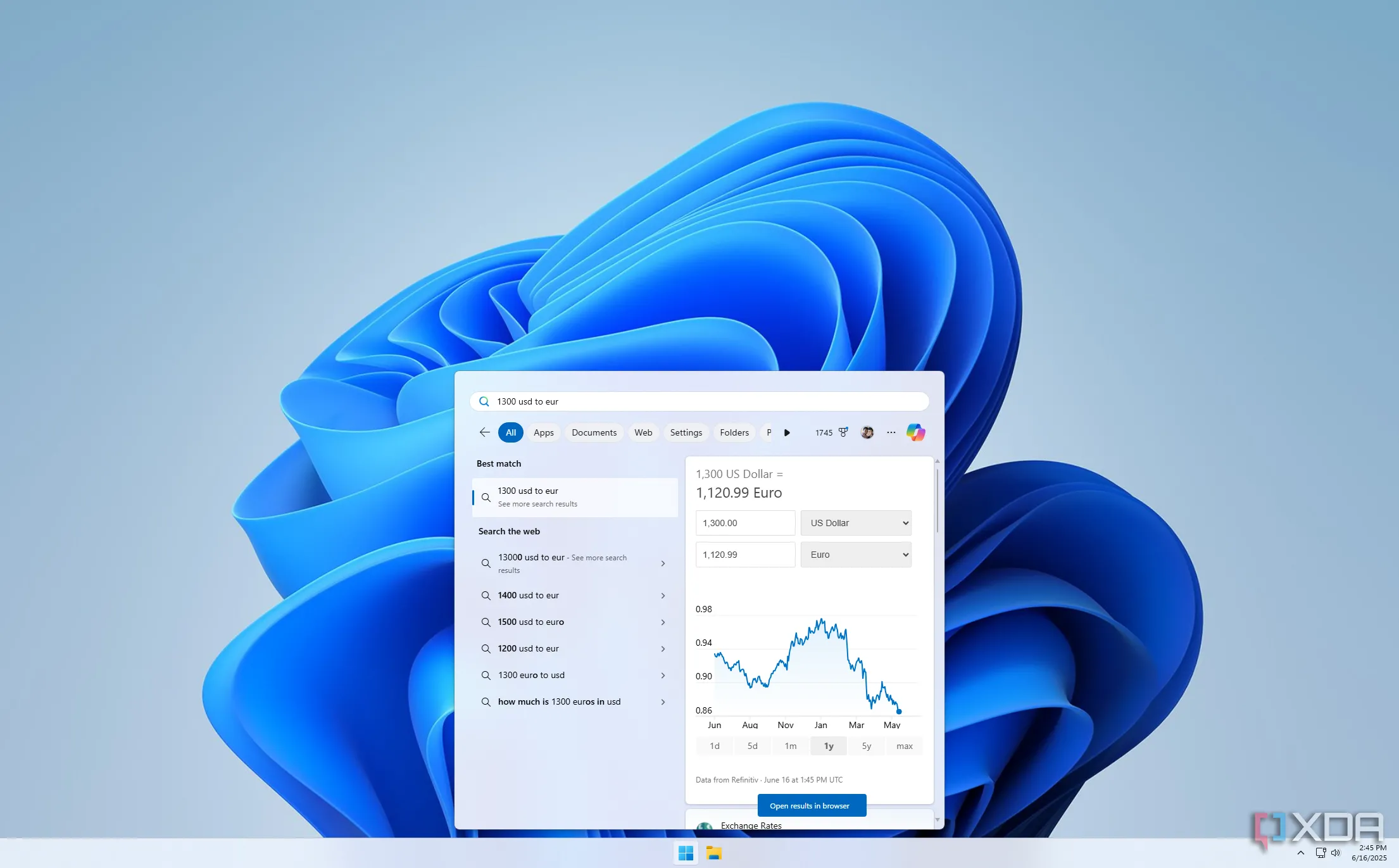 Màn hình Windows 11 hiển thị kết quả chuyển đổi tiền tệ USD sang EUR trực tiếp trong thanh tìm kiếm