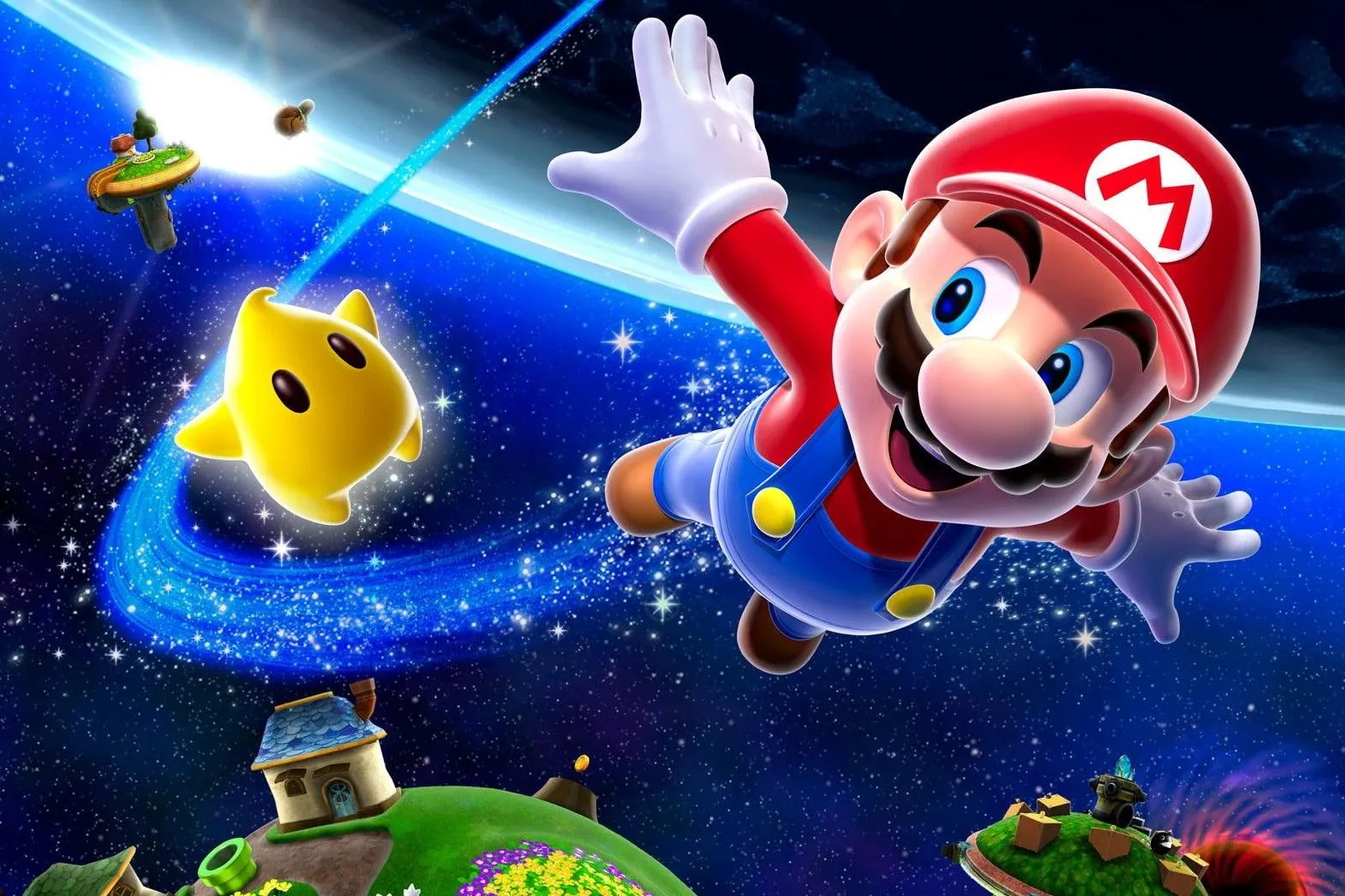 Mario bay lượn giữa các thiên hà trong Super Mario Galaxy, siêu phẩm platformer của Nintendo Wii