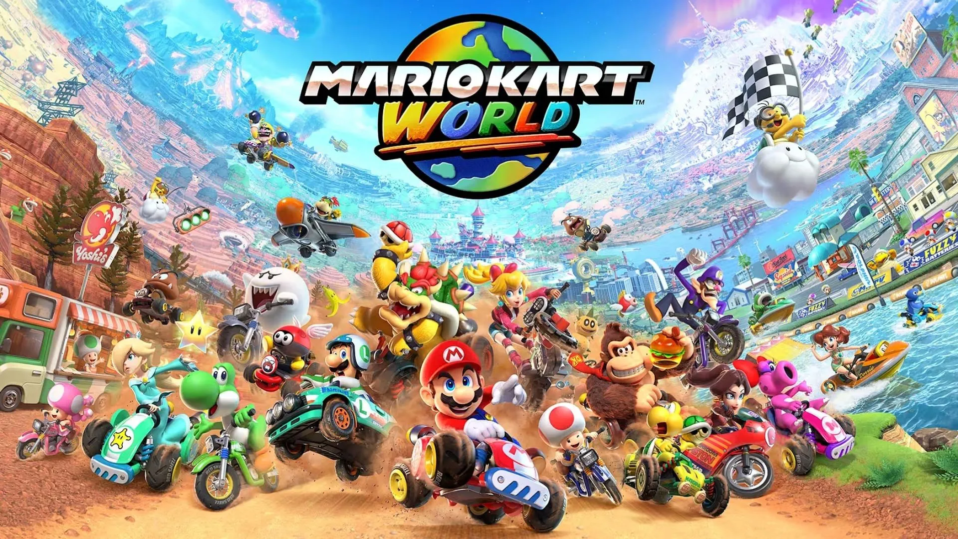 Mario Kart World hình ảnh báo chí 1: Hai nhân vật Mario và Luigi đua xe trên đường đua đầy màu sắc