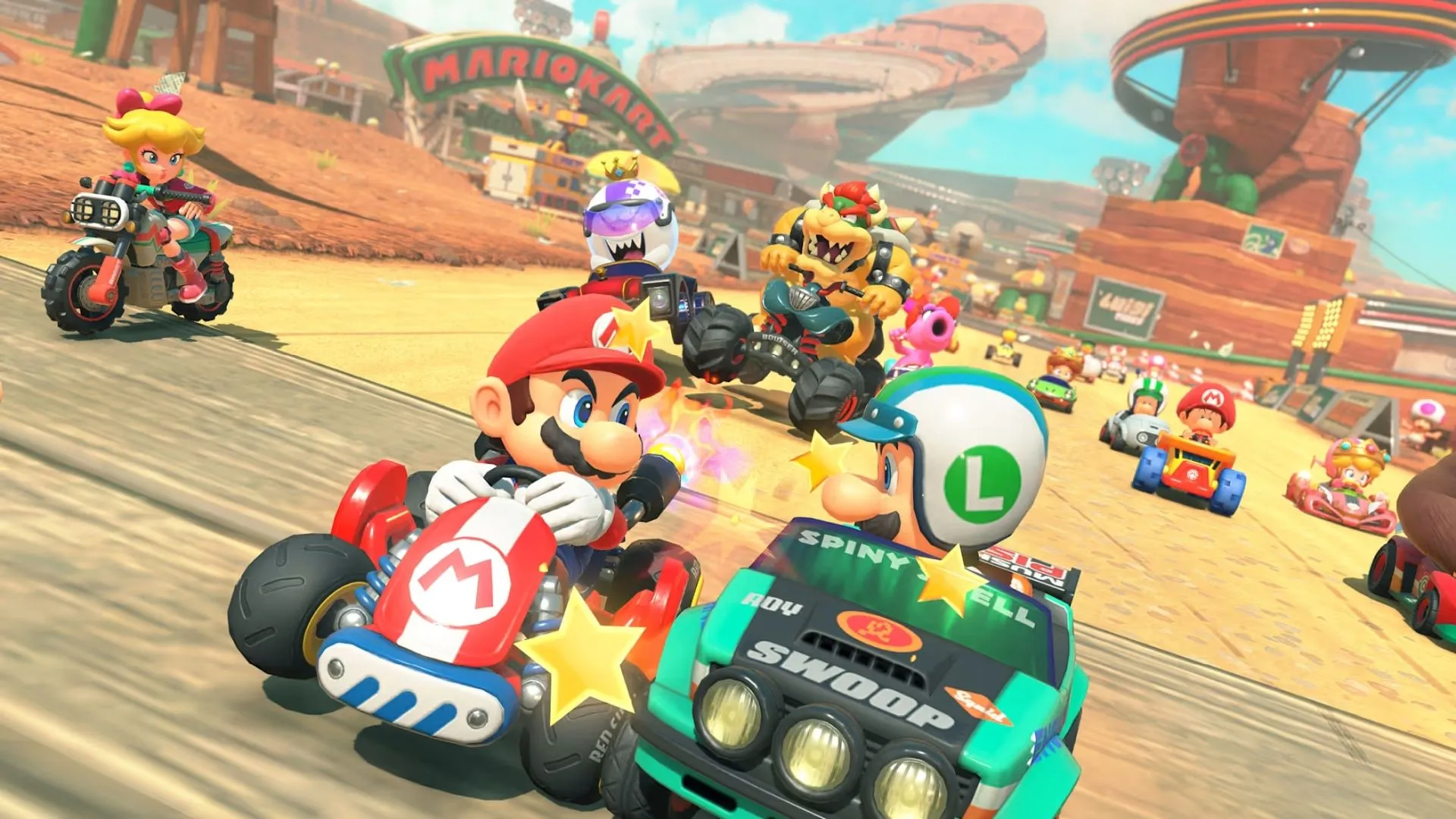 Mario Kart World hình ảnh báo chí 2: Cảnh đua xe với Yoshi và Toad trên đường đua bay lượn