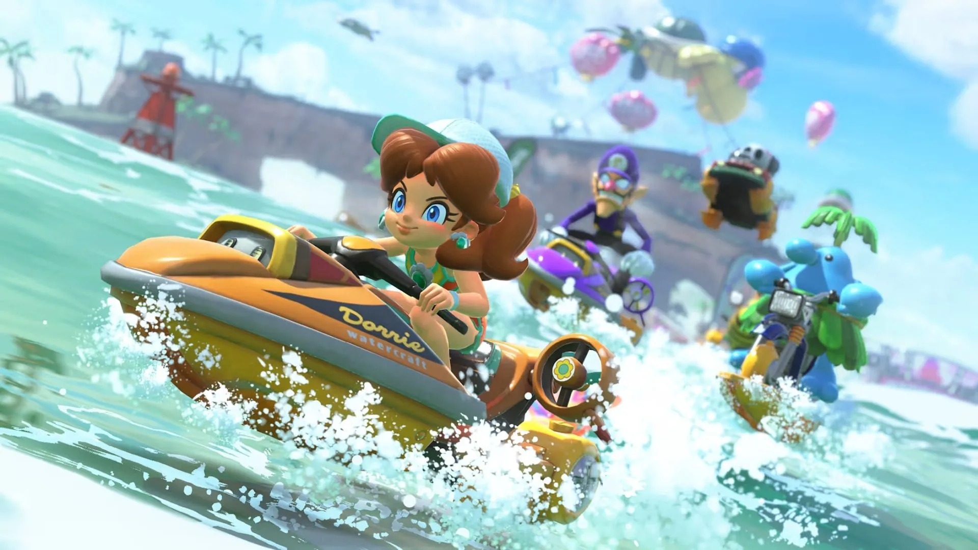 Mario Kart World hình ảnh báo chí 4: Rosalina và Peach trên đường đua với thiết kế tương lai