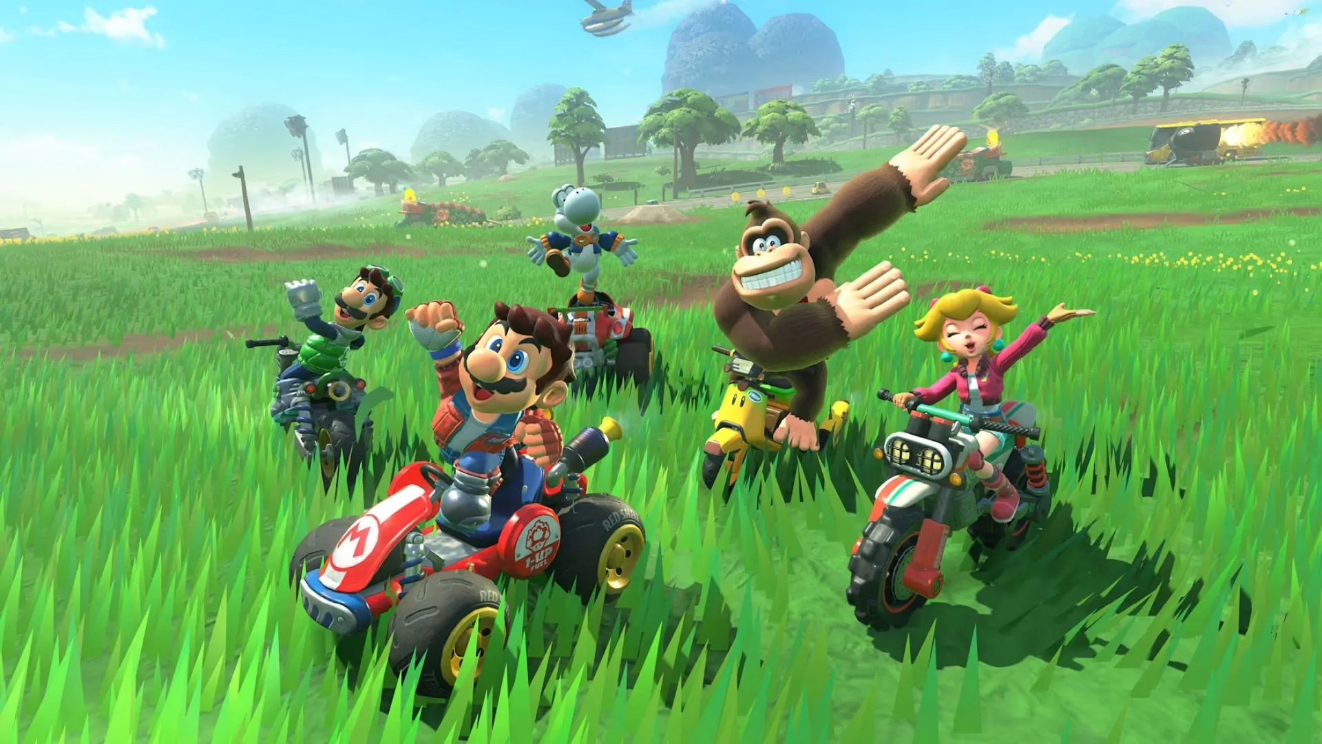 Mario Kart World hình ảnh báo chí 6: Cảnh đua xe kịch tính với nhiều vật phẩm được sử dụng