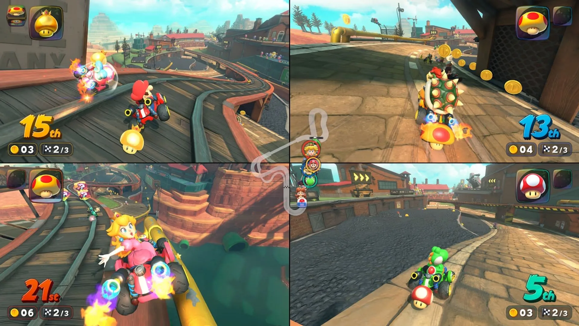 Mario Kart World hình ảnh báo chí 7: Một cảnh đua xe trên không trung, thể hiện tính năng mới của game