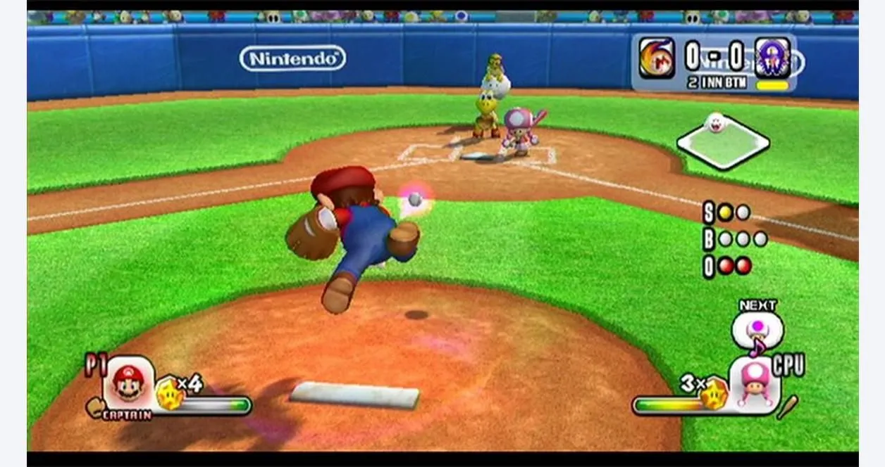 Mario trong tư thế ném bóng trong game Mario Super Sluggers, thể hiện mong muốn về một phiên bản Mario Baseball mới trên Switch 2.