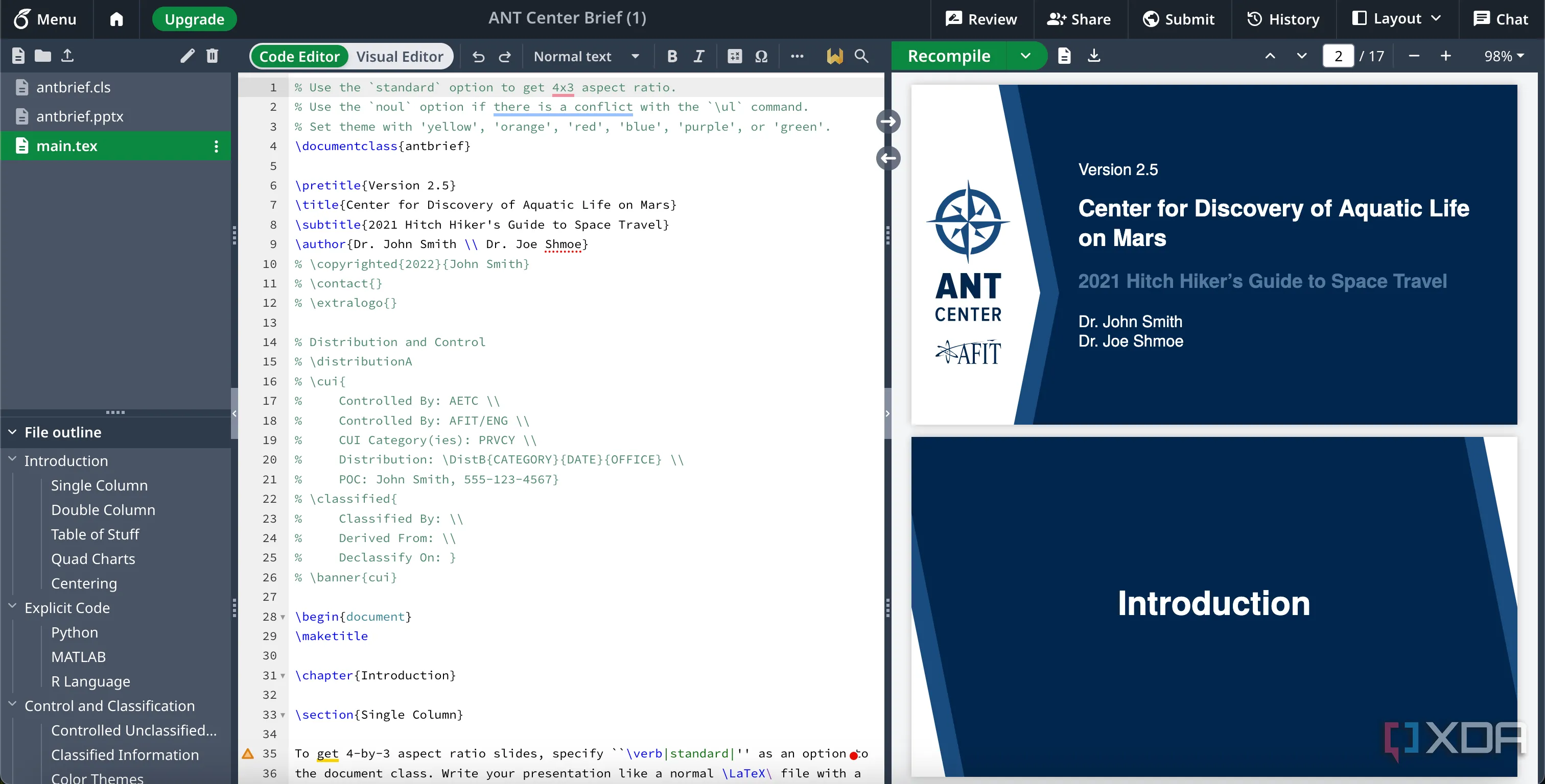 Mẫu bài thuyết trình (presentation) sinh động được tạo bằng Overleaf, với các slide đa dạng và thống nhất