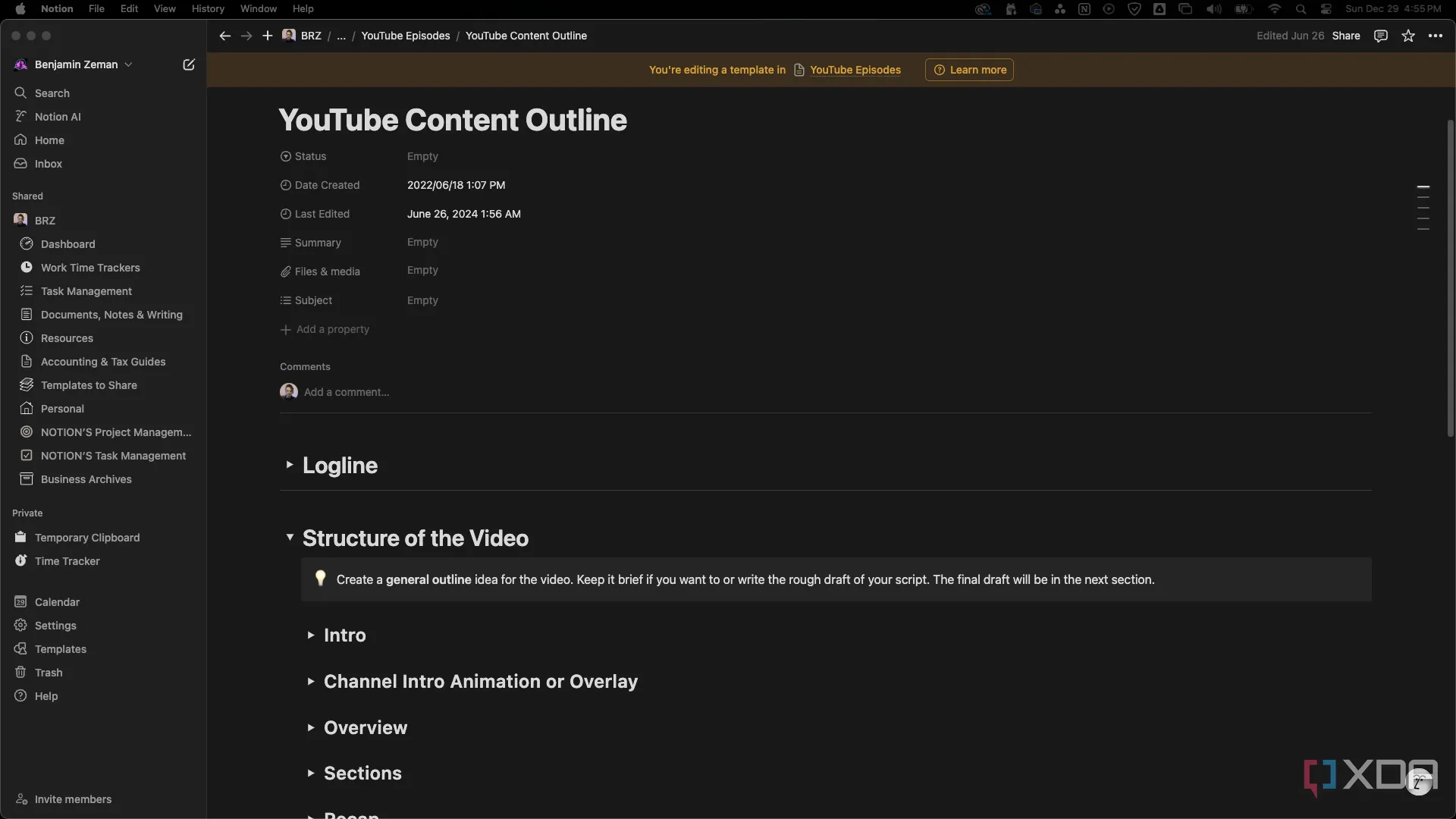 Mẫu dàn ý nội dung YouTube trên Notion được tạo cho một tổ chức phi lợi nhuận