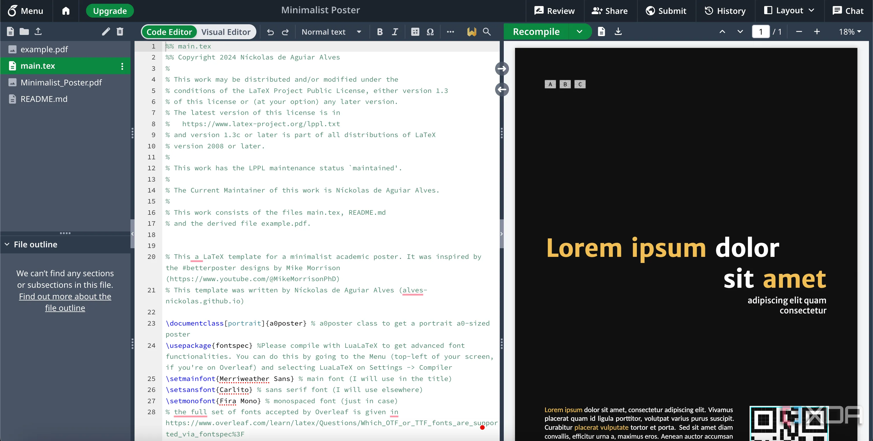 Mẫu poster quảng cáo hoặc thông tin được thiết kế trên Overleaf, có thể tích hợp mã QR