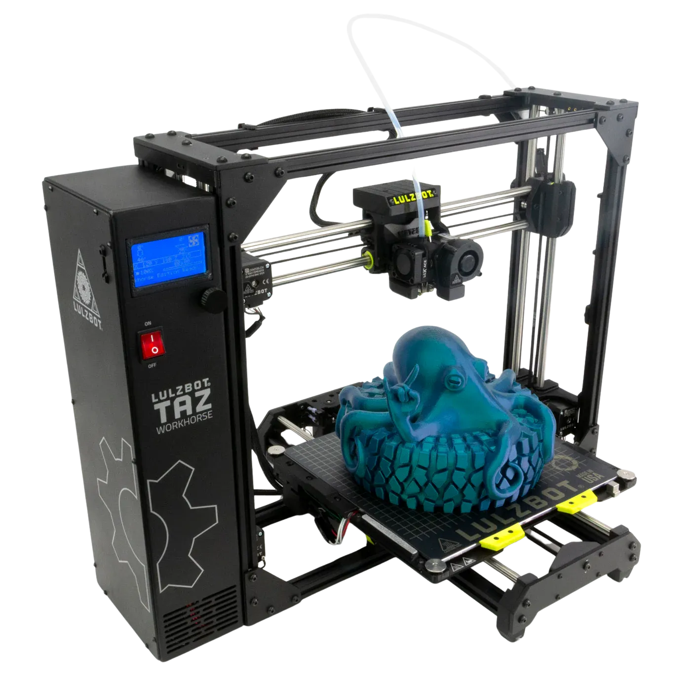 Máy in 3D LulzBot TAZ Workhorse, được biết đến với khung máy mạnh mẽ và khả năng in ổn định.