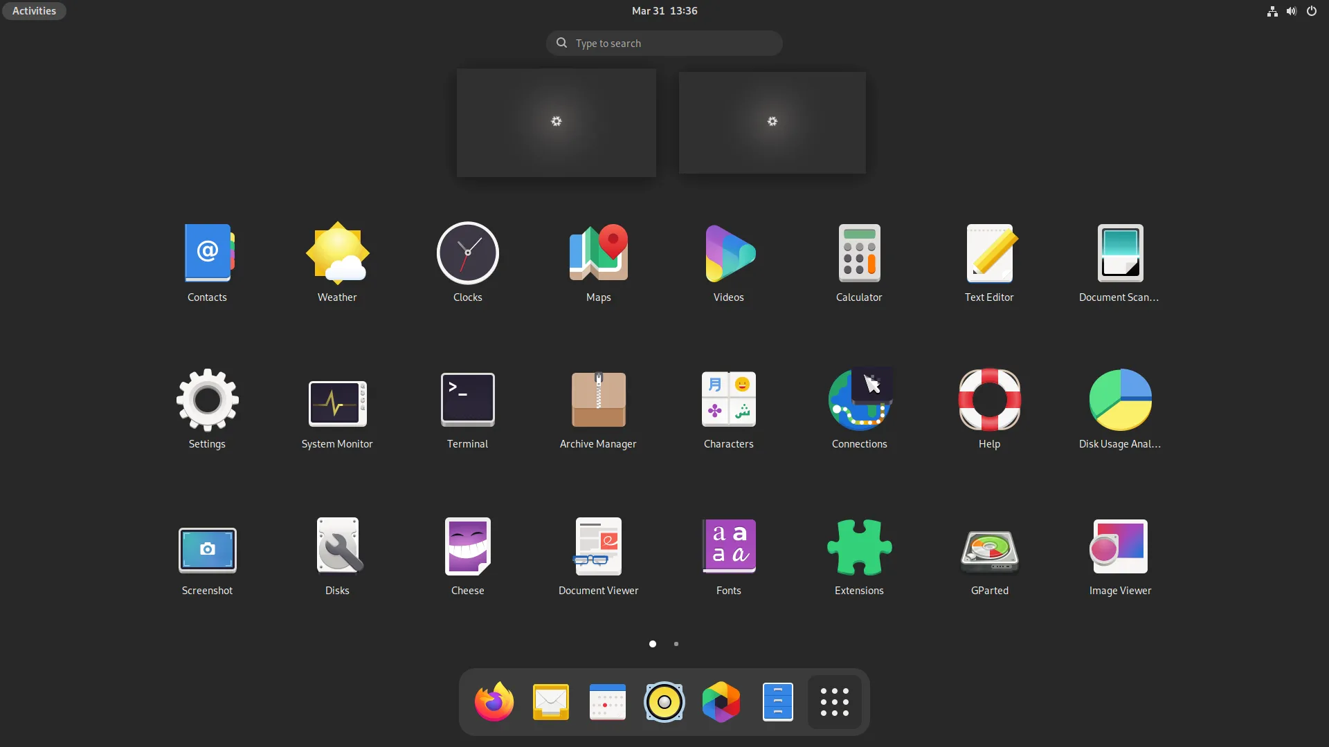 Menu chính GNOME của NixOS phiên bản 21.11, thể hiện sự tối giản và hiệu quả